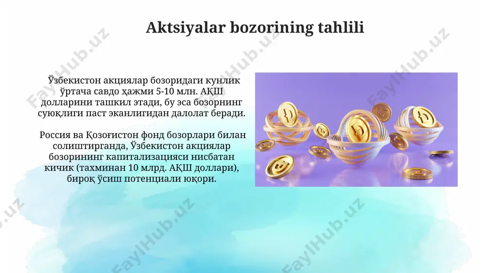 masalan, aqsh bozorlarida bu jarayon 1-2 kun ichida yakunlanishi mumkin. birjadan tashqari savdo 2023-yil hisobotlariga ko'ra, o'zbekistondagi birjadan tashqari savdo hajmi 30% ga o'sdi va bu o'sishning asosiy sababi kichik va o'rta biznesning faolligi hisoblanadi. birjadan tashqari savdo (ots) shartnomalari bozorning 10% dan ortiq qismini tashkil qiladi va ko'pincha yirik kompaniyalar o'rtasida, masalan, toshkentdagi 2 ta yirik bank o'rtasida amalga oshiriladi. qoplama buyurtmalari qoplama buyurtmalari, investorlarga bozorning keskin o'zgarishi sharoitida, masalan, aqsh dollari kursining o'zgarishi ta'sirida, o'rtacha narxda 5000 dan ortiq aktsiyani xavfsiz sotib olish imkoniyatini beradi. 2023 yilda o'tkazilgan tadqiqotlar shuni ko'rsatdiki, qozog'iston fond bozorida amalga oshirilayotgan qoplama buyurtmalari hajmi yillik o'rtacha 15% ga o'sgan va bu investorlarning ushbu vositadan foydalanish samaradorligini tasdiqlaydi. aktsiyalarni investitsiya qilish 2023-yil holatiga ko'ra, toshkent fond birjasida 100 dan ortiq kompaniyaning aksiyalari savdo qilinmoqda, ularning ko'pchiligi energiya va moliyaviy sektorlarga tegishli. aksiyalarni investitsiya qilishda diversifikatsiya muhim; masalan, 5000 aqsh dollari miqdorida portfelni 5 ta …