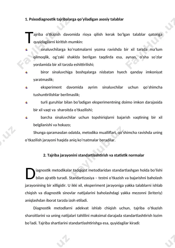 andartlashtirish jarayoni o’tkaziladigan tadqiqotning shart-sharoitlari, ko’rsatmalari, blankalari, qayd qilish usullarini bir xil shakldagiligini anglatadi. metodikalarni standartlashtirishning yana bir muhim bosqichi diagnostik tadqiqot natijalarini taqqoslash imkoniyatini beradigan mezonlarni tanlashdan iborat bo’ladi. (chunki diagnostik metodikalarning muvaffaqiyatli yoki muvaffaqiyatsiz bajarishishi uchun, oldindan tayyorlangan standartlari mavjud emas.) umuman olganda, diagnostik metodikalarning normaga asoslangan holda standartlashtirilishi – bu metodika mo’ljallangan guruhdan farqlanmaydigan boshqa kattaroq sinaluvchilar ishtirokida amalga oshirilishidir. saralangan standartlashtirishda sinaluvchilar guruhi uchun maxsus normalar ishlab chiqiladi. bunda aniqlanishi lozim bo’lgan xususiyat berilgan topshiriqning nafaqat o’rta, balki undan kam yoki ko’p jihatli bosqichlarida ham o’rganiladi. natijada, diagnostik tajribani muvaffaqiyatli va muvaffaqiyatsiz bajarilishining turli bosqichlarini baholash mumkin bo’ladi. bu esa, sinaluvchining saralangan standartlashtirishga nisbatan psixik holatini aniqlash imkoniyatini beradi (a.anastazi, 1982). jumladan, stenford-bine testi uchun statistik norma 2,5 yoshdan 18 yoshgacha bo’lgan (4498 kishidan tashkil topgan) sinaluvchilardan iborat saralashda aniqlangan edi. natijada, matematik-statistika asosida bajarilgan murakkab ish yordamida, aqliy rivojlanish yoshning norma va chegaralari aniqlangan. ular …