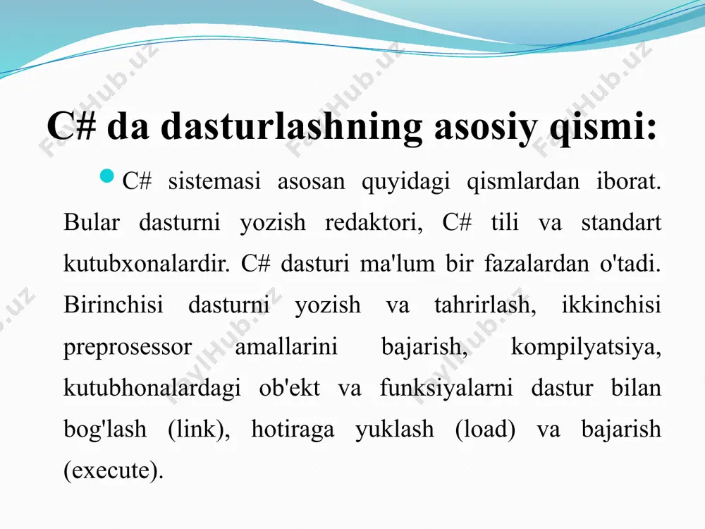 ; label: console.writeline ("i: {0 } ", i); i + + ; if (i < 10) goto label; return 0; } } ii bob.amaliy qisim 2.1 dioalogli qutilar va ularning turlari dialogli qutilar - bu qayta tiklanmaydigan maxsus shakllar. bundan tashqari, ular foydalanuvchiga xabarlarni ko'rsatish uchun ishlatiladi. xabarlar xato xabarlari, parolni tasdiqlash, ma'lum bir yozuvni o'chirishni tasdiqlash, so'zni topish-almashtirish dasturi va boshqalar bo'lishi mumkin. faylni ochish va saqlash, papkani tanlash, hujjatlarni chop etish uchun standart dialog oynalari mavjud. matn uchun shrift yoki rangni belgilash va boshqalar. 2.2 custom dialog oynasi 2.3 c# dasturlash tilida massageboxda ishlash qo’shimcha ko’d va misollar. quyidagi kod misoli messagebox- dan foydalanuvchini textbox- da yo'qolgan yozuv to'g'risida xabardor qilish uchun qanday foydalanishni ko'rsatib beradi . ushbu misol usulni mavjud shakldan servername nomli textbox- dan foydalanishni talab qiladi . // checks the value of the text. if(servername.text.length == 0) { // initializes the variables to pass to …