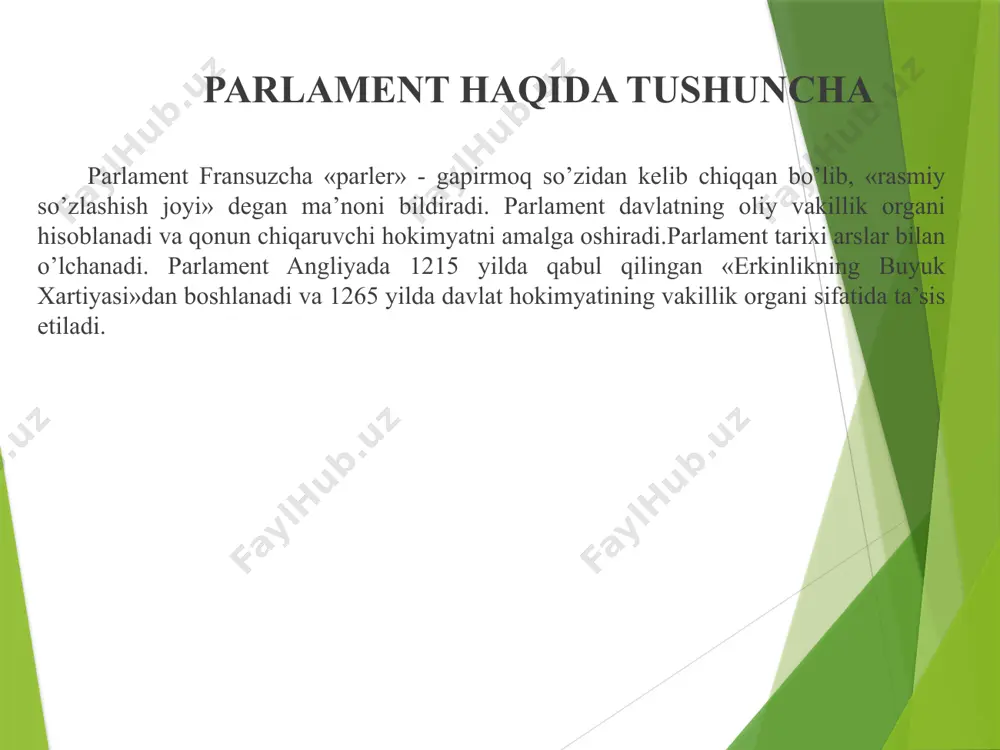 sini shakllantirishga ko’proq imkoniyat yaratadi. oliy majlis 2002 yil 27 yanvar kuni kelgusi chaqiriqda ikki palatali parlamentni shakllantirish masalasi bo’yicha o’zbekiston respublikasi referendumini o’tkazish to’g’risida qaror qabul qildi. referendumda ovoz berish byulletiniga 2 ta masala: siz kelgusi chaqiriq o’zbekiston respublikasi parlamenti ikki palatali qlib saylanishiga rozimisiz. siz o’zbekiston respublikasi prezidenti vakolati muddatini 5 yildan 7 – yilga uzaytirilishiga rozimisiz. 2004 yil 26 dekabrda bo’lib o’tgan saylovlar (2005 yil 9 yanvarda amalga oshirilgan takroriy ovoz berish) natijasida o’zbekiston respublikasida ilk bor ikki palatali parlamentning quyi palatasi – qonunchilik palatasi shakllantirildi. so’ngra konstitutsiyaga muofiq 2005 yil 17-20 yanvar kunlari respublikamiz mahalliy hududlarida o’zbekiston respublikasi oliy majlisining yuqori palatasi – senatga saylov o’tkazildi. senatorlardan 84 nafari toshkent shahri, viloyatlar va qoraqalpog’iston respublikasidan 6 nafardan saylandi. 16 nafar senator esa prezident tomonidan taynlandi. ikki palatali parlament demokratiya omili o'zbekiston respublikasi oliy majlisining senati (yuqori palatasi) hududiy vakillik palatasi bo'lib, yuzta senat a'zosidan iborat. senat …