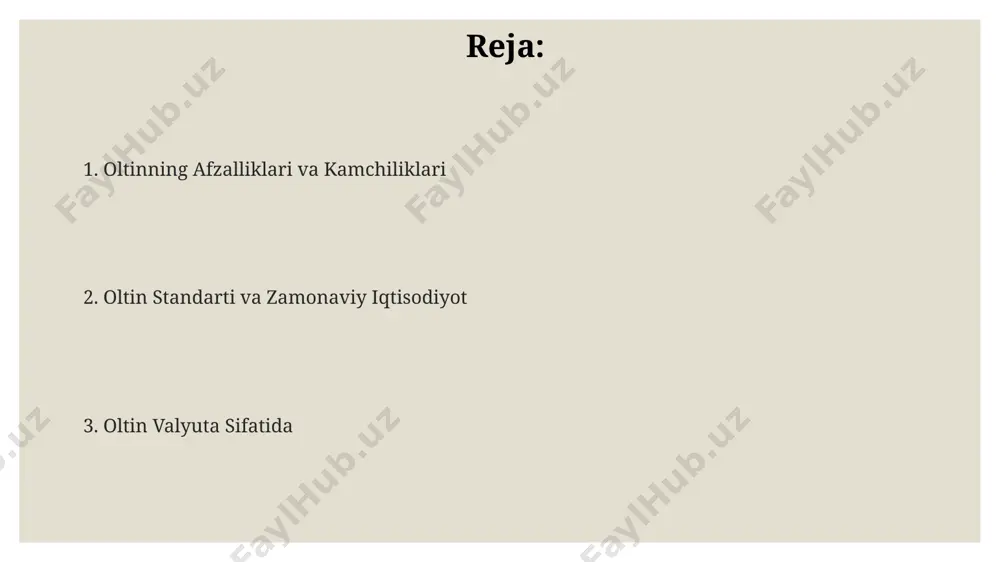 tizimidagi muhim oʻrnini va investitsiyalar uchun jozibadorligini tasdiqlaydi. oltinning inflyatsiyaga qarshi vosita sifatida ishlatilishi, ayniqsa, 2022 yilda global inflyatsiya darajasi yuqori boʻlgan davrda, uning xavfsiz boshpana aktiv sifatidagi ahamiyatini 15% ga oshirdi. oltin standartining afzalliklari oltin standarti valyuta kursi beqarorligidan himoya qiladi; misol uchun, 1900 yillarning boshlarida, dollarga nisbatan funt sterlingning kursi oltin standarti tufayli nisbatan barqaror edi. oltin standarti inflyatsiyani nazorat qilishga yordam beradi, chunki oltinning miqdori cheklangan; masalan, 19-asrda buyuk britaniyaning oltin standarti jahon iqtisodiyotining barqarorligini ta'minlashga yordam bergan. oltin standarti davlatlararo savdoni osonlashtiradi, chunki har bir valyuta oltin bilan bog'langan bo'lib, valyuta ayirboshlash nisbati aniq va oldindan aytib bo'ladigan bo'ladi; bu 20-asrning birinchi yarmida jahon savdosini rivojlantirishga yordam bergan. oltin bozorining dinamikasi 2023 йилнинг биринчи чорагида ўзбекистондаги олтин бозорида нархларнинг ўртача 15% га ошиши кузатилди, бу жаҳон бозорларидаги нархларнинг ўсиши ва маҳаллий сўровнинг юқорилиги билан боғлиқ. тошкентдаги олтин савдосининг 70% дан ортиғини катта улгуржи компаниялар ташкил этади, …