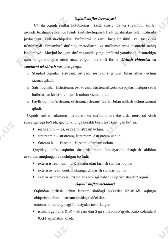 agach eofni qaytaradi. · istream& get(char* buffer,int size,char delimiter=’\n’) - bu funksiya istreamdan simvollarni chiqaradi va ularni buferga nusxalaydi. operatsiya yoki faylning oxiriga yetganda, yoki size fayllardan nusxa olgan jarayonda, yoki ko‘rsatilgan ajratuvchini aniqlaganda to‘xtaydi. ajratuvchi esa nusxalanmaydi va streambuf qoladi. o‘qib bulingan simvollar ketma-ketligi xardoim nul simvol bilan tugatiladi. · istream& getline(char* buffer,int size, char delimiter=’\n’) - ajratuvchi oqimdan chiqariladi, lekin, buferga kiritilmaydi. bu esa satrlarni oqimdan chiqaruvchi asosiy funksiya. o‘kib chiqilgan simvollar nul simvoli bilan ta’momlanadi. · istream& read(char* buffer,int size) - ajratuvchilarni qo‘llanmaydi va buferga o‘qilgan simvollar nul simvoli bilan tugamaydi. · int peek() - istream dan simvolni chiqarmasdan istreamga qaytaradi. · int gcount() - formatlanmagan oxirgi kiritish operatsiyasi vaqtida o‘qilgan simvollar sonini qaytaradi. · istream& putback(s) - agar get doirasidagi streambuf ob’ektida bo‘sh fazo mavjud bo‘lsa, unda o‘sha yerga s simvoli joylashtiriladi. · istream& ignore(int count=1,int target=eof) - quyidagilar bajarilmaguncha istream dan simvol chiqarilaveradi: · funksiya …
