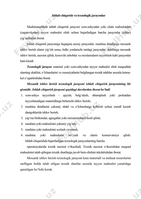 ishi kerak. texnologik jarayonlar davlat standartlari asosida loyihali, ishchi, donaviy, tipaviy, standart, vaqtli, taraqqiy xarakterdagi (kelgusida qo‘llaniluvchi), marshrutli, operatsiya uchun va marshrutli-operatsiyali bo‘lishi mumkin texnologik jarayonning tarkibiy qismi texnologik jarayonini maqsadga muvofiq ravishda amalga oshirish uchun tayyorlanayotgan detalni qaysi yuzalariga va qanday ketma-ketlikda ishlov berishni ifodalovchi reja tuziladi. ushbu rejada detal yuzlariga ishlov berish usullari keltiriladi. shu maqsadlarda mexanik ishlov berish texnologik jarayoni alohida qismlarga bo‘linadi, bu qismlarning yig‘indisi uning tarkibini tashkil etadi. texnologik jarayon quyidagi tarkibiy qismlarga bo‘linadi: texnologik operatsiya; pozitsiya; o‘tish; yurish; harakatlar yig‘indisi. texnologik operatsiya texnologik jarayonning bir qismi bo‘lib, bir ish o‘rnida (bir yoki bir necha ishchi tomonidan) ketma-ket bajariladigan ishlar yig‘indisidan iborat. o‘rnatish operatsiyaning bir qismi bo‘lib detalni (dastgoh turiga qarab bir necha detalni) bir marta mahkamlaganda bajariladigan ishlar yig‘indisidan iborat. dastgohga o‘rnatilgan yoki mahkamlangan xom-ashyo uning ishchi kismlariga nisbatan stolini aylanishi yoki siljishi natijasida yangi pozitsiyani egallash mumkin. pozitsiya detalni bir marta mahkamlagan holatida …