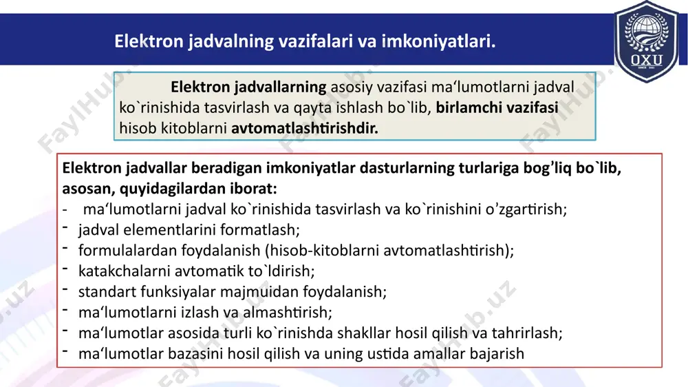 ugun excel dunyodagi eng mashxur ilovalar qatoriga kiradi. hisoblash electron jadvalining dastlabki dasturi 1979-yili visicalc (visiblencalculators - ko‘rinib turuvchi kalkulyator) nomi bilan software arts firmasida chiqqan. bu dastur apple ii kompyuteri uchun ishlab chiqilgan va ko‘p jihatdan uning bozorda ommabopligi aniqlandi. 1981 yil ibm ps kompyuteri paydo bo‘lishi bilan bu turdagi kompyuterlar uchun elektron jadvallar ishlab chiqila boshlandi ammo 1997-yil microsoft firmasi tomonidan excel dasturi taqdim etildi microsoft excel jadval redaktori haqida ma’lumot windows uchun versiyalar  1988-yil- excel 2.0  1990-yil- excel 3.0  1992-yil-excel 4.0  1993-yil - excel 5.0 (office 4.2 va 4.3, faqat windows nt uchun 32 bitli versiyasi ham bor)  1995-yil - excel 7 windows 95 uchun (microsoft office 95 paketiga qo‘shilgan)  1997-yil - excel 97 (microsoft office 97 paketiga qo‘shilgan)  1999-yil - excel 2000 (9) - microsoft office 2000  2001-yil - excel 2002 (10) - microsoft office xp  2003-yil …