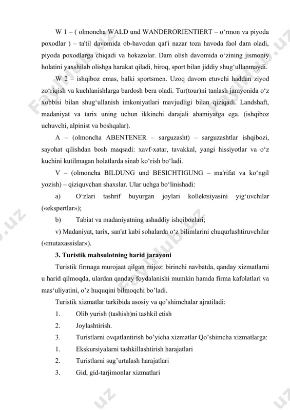 bu bo’limda turfirmalar ro’yxati, boradigan mamlakatlardagi ijtimoiy tartib holati, o’zini tutish odobi, sanitariya-gigiyena qoidalari, sug’urtalashdan foydalanish tartibi, iqlim va shaylanish tavsiyalari, narsa, pul va moddiy boyliklarni qayerda va qanday saqlash tartibi, oshxona va ichimliklar to’g’risida ma‘lumotlar beriladi. 6-bo‘lim. ijara xizmatlari. 7-bo‘lim. valyuta ayirboshlash. 8-bo‘lim. telefon, aloqa xizmatlari. 9-bo‘lim. maishiy harajatlar xizmatlari 10-bo‘lim. cho’milish joyidan foydalanish huquqi kiradi. bunday bo’linish shartli bo’ladi, chunki iste‘mol xususiyatlari nuqtai nazaridan ular o’rtasida muhim farqlar bo’lmaydi. nomoddiy xizmatlardan tashqari, mijozga maxsus tovarlar yoki moddiy tovarlar, masalan, shaharlar rejalari, metro haritalari, esdaliklar, turistik asbobanjomlari va h.k. taklif etilishi mumkin. asosiy va qo’shimcha xizmatlar majmuyi bu turistga sayohatning maqsadiga binoan taklif etiladigan turistik tur. turistga sotish uchun mo’ljallangan turga bo’lgan mulkiy huquq, turmahsulot, deb ataladi. har qanday tovarni, shu jumladan, turmahsulotni sotish jarayonida sotish uslubi muhim o’rin tutadi. sotish uslubi deganda, turmahsulotni iste‘molchilarga bevosita sotish jarayoni bilan bog’liq barcha asosiy operatsiyalarni amalga oshirish uslublar yig’indisi tushuniladi. sotish …