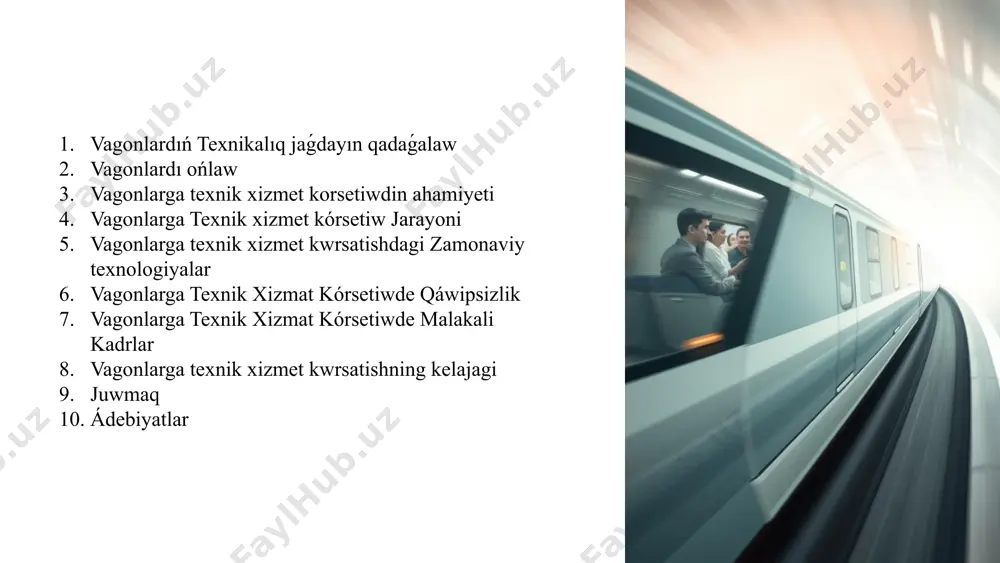 dıń texnikalıq xızmeti óz waqtında ámelge asırılsa, vagonlardıń jumısqa jaramlılıǵı artadı hám bul nátiyjelilikti arttıradı. 3 isenimlilikti támiyinlew vagonnıń texnikalıq jaǵdayı jaqsı bolsa, olardıń islew múddeti artadı hám bul isenimlilikti támiyinleydi. 5 vagonlarga texnik xizmet kórsetiw jarayoni baqlaw vagonlardıń texnikalıq jaǵdayı turaqlı túrde tekseriledi. ońlaw kerekli ońlaw jumısları ótkeriledi. tekseriw remont jumısları juwmaqlanǵannan keyin, vagon jáne tekseriledi. hújjetlestiriw barlıq ońlaw hám tekseriw jumısları hújjetlestiriledi. 6 vagonlarga texnik xizmet kwrsatishdagi zamonaviy texnologiyalar avtomatlastırıw zamanagóy texnologiyalar, máselen, robotlar hám datchikler, vagonlarga texnikalıq xizmet kórsetiw procesin avtomatlastırıwga imkan beredi. magliwmatlar analizi maǵlıwmatlardı tallaw datchiklerden alınǵan maǵlıwmatlardı tallaw arqalı vagonlardıń texnikalıq jaǵdayın aldınnan boljaw hám ońlawdı rejelestiriw imkaniyatın beredi. aralıqtan baqlaw aralıqtan baqlaw sistemaları vagonlardıń texnikalıq jaǵdayın aralıqtan turıp baqlaw hám mashqalalardı óz waqtında anıqlaw imkaniyatın beredi. 7 vagonlarga texnik xizmat kórsetiwde qáwipsizlik qáwipsizlik úskeneleri jumisshilar qáwipsizlik úskenelerin, máselen, shlem, qolgap hám qorganıw kiyimlerin kiyiwi kerek. qáwipsizlik qaǵıydaları jumısshılar qáwipsizlik qaǵıydalarına qatań ámel etiwi …