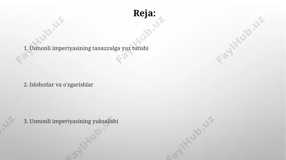 ing iqtisodiyoti usmonli imperiyasi xvi asrda jahon savdosi yo'llarini nazorat qilib, boylikka erishdi, masalan, istanbul va iskandariya kabi yirik portlar orqali 20% dan ortiq jahon savdosini boshqargan. usmonlilar 18-asrga kelib, inflyatsiya va korruptsiya tufayli iqtisodiy tanazzulga yuz tutib, soliq yig'imlarining pasayishi va qo'shni davlatlar bilan raqobat kuchayishi natijasida savdo hajmi 50% ga kamaydi. siyosat va hukumat tuzilmasi истанбулда жойлашган империянинг марказий ҳукумати, маъмурий ва молиявий масалаларни назорат қилиш учун катта бюрократик тузилмага эга эди. султоннинг мутлақ ҳокимиятига қарамай, диван – империянинг юқори даражали маслаҳат кенгаши – давлат ишларида муҳим роль ўйнаган. madaniyat va sanʼat xvi-xvii asrlarda usmonli imperiyasi hududida 100 dan ortiq masjid, 50 dan ortiq madrasa va koʻplab kutubxonalar qurilgan boʻlib, bu davrda islom madaniyati va fanining yuksalishiga misol boʻlgan. usmonli imperiyasining qoʻshni davlatlar bilan savdo aloqalari tufayli, 16-asrda xitoydan keltirilgan chinni buyumlar va frantsiyadan keltirilgan mebellar kabi turli xil sanʼat asarlari imperiyaga kirib keldi. usmonli imperiyasining koʻtarilishi usmonli …
