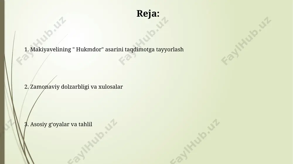 xloq va siyosat muammolari asarda rim imperiyasi misolida keltirilgan 10 dan ortiq tarixiy voqea hokimiyatni saqlash va qonunlarni o'rnatishdagi axloqiy va amaliy masalalarni ko'rsatadi. machiavelli “hokim”da 7 ta asosiy fazilatni (masalan, saxiylik yoki xayrixohlik) siyosiy muvaffaqiyat nuqtai nazaridan baholash orqali florensiya davlatining 2 asrlik tarixini o'rganadi. e'tiboringiz uchun rahmat @taqdimot_robot image1.jpg image2.jpg image3.jpg image4.jpg image5.jpg