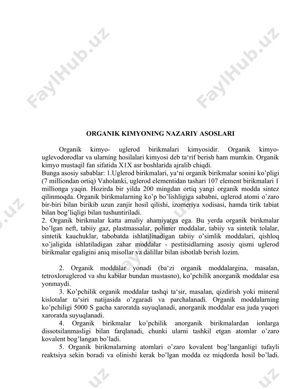 k moddalarni sinflarga bo’linishi boshlandi. 1807 yilda shved olimi ya.bertselius tirik organizmdan olingan moddalarni organik moddalar deb atashni taklif qildi va tez orada bunday moddalardan sun‘iy yo’l bilan yangi organik moddalar hosil qilindi. shunday qilib, organik kimyo o’simlik va hayvonlardan olinadigan moddalar kimyosi sifatida shakllana boshladi. 1824 yilda bertseliusning shogirdi nemis kimyogari f.vyoler laboratoriya sharoitida ditsiandan o’simlik organizmida uchraydigan oksalat kislotani, 1828 yilda esa oddiy organik tuz – ammoniy tsianatdan hayvon organizmida hosil bo’ladigan mochevina (karbamid) ni sintez qildi. dastlab kaliy tsianidni oksidlab kaliy tsianat hosil qilinadi. kcn + [o] ( knco bu modda ammoniy sulfat ta‘sirida parchalanib, ammoniy tsianat nh4nco ni hosil qiladi. nh4nco esa yuqori harorat ta‘sirida mochevinaga aylanadi. knco + (nh4)2so4 2nh4nco + (nh4)2co аммоний цианат ёки ditsian 1842 yilda rus olimi n.n.zininning nitrobenzoldan anilinni olishi. 1845 yilda nemis olimi kolbening sirka kislotani sintez qilishi. 1861 yili rus olimi a.m.butlerovning paraformaldegiddan shakarsimon moddani sintez qilib olishi organik …