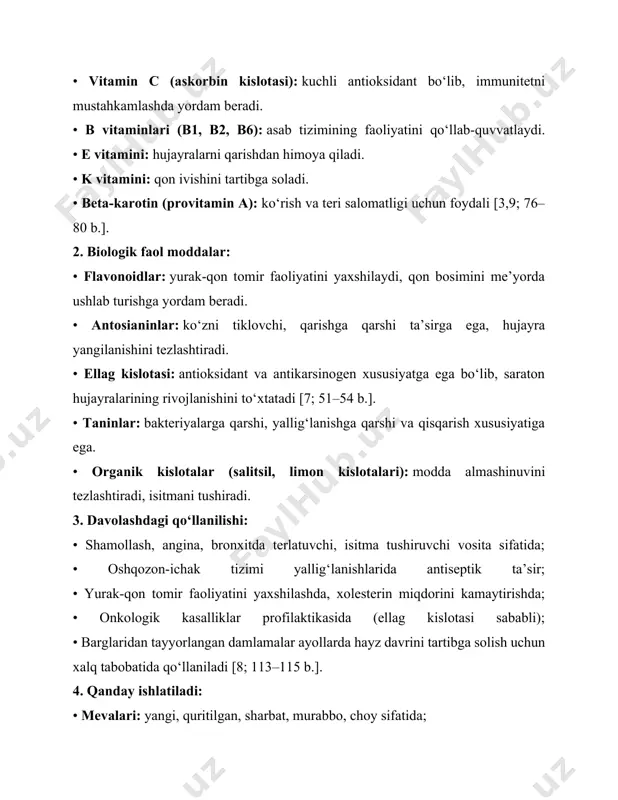 erlatuvchi, isitma tushiruvchi vosita sifatida; • oshqozon-ichak tizimi yallig‘lanishlarida antiseptik ta’sir; • yurak-qon tomir faoliyatini yaxshilashda, xolesterin miqdorini kamaytirishda; • onkologik kasalliklar profilaktikasida (ellag kislotasi sababli); • barglaridan tayyorlangan damlamalar ayollarda hayz davrini tartibga solish uchun xalq tabobatida qo‘llaniladi [8; 113–115 b.]. 4. qanday ishlatiladi: • mevalari: yangi, quritilgan, sharbat, murabbo, choy sifatida; • barglari: damlama, choy va kompresslar uchun; • ildiz va novdalari: ayrim holatlarda qaynatma sifatida qo‘llaniladi, ammo faqat xalq tabobati doirasida. dorivor moddalar miqdori agrotexnik usullar, iqlim sharoiti, sug‘orish rejimi va fiziologik holatga bog‘liq holda o‘zgaradi. masalan, kuchli quyosh nuri ta’sirida antosianinlar va vitamin c miqdori oshadi. > mahkamova.m: suv tanqisligi esa aksincha, fitogormon muvozanatini buzib, hosil sifati va dorivor moddalarning miqdoriga salbiy ta’sir ko‘rsatadi [1; 43-b.]. shunday qilib, malinaning fiziologik holati uning dorivor komponentlar sinteziga bevosita ta’sir qiladi. bu esa ilmiy asoslangan agrotexnika, sug‘orish va o‘g‘itlash tizimlarini qo‘llash orqali mevaning shifobaxsh xususiyatlarini oshirish imkonini beradi. xulosa …
