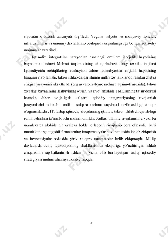 uhim bosqichlaridan biridir. «iqtisodiy integratsiya» atamasi xx asrning 30-yillarida nemis va shvesiyalik iqtisodchilarning asarlarida paydo bo‘ldi15, biroq bugungi kunda uning bir nechta o‘nlab ta’riflari mavjud. «integratio» so‘zi lotin tilidan tarjima qilinganda birlashish, tomdirish, «integrare» - yaxlitga aylantirish ma’nosini anglatadi. shunday qilib, integratsiya — qismlarni muayyan yaxlitlikka umumlashtirish, birlashtirish jarayonidir. xim sohasiga tatbiqan. «xalqaro iqtisodiy integratsiya» deganda bir qator mamlakatlar takror ishlab chiqarish jarayonlarining bosqichma-bosqich birlashishiga olib boradigan, milliy xo‘jaiiklar o‘rtasida ehuqur barqaror o‘zaro munosabatlar va mehnat taqsimotining rivojlanishi asosida ishlab chiqarish baynalmilal- lashuvining yuqori darajasi tushuniladi. mintaqaviy iqtisodiy integratsiya - bir nechta mamlakatlaming mintaqaviy darajadagi qo‘shma faoliyatini ko‘zda tutadi, ular iqtisodiyotini u yoki bu turdagi yagona mintaqaviy xo‘jalik majmuasign birlnshtirishga olib boradi. biroq, miiammo «birlashtirish», «umumlashtirish», «yaxlitiik» tushunchalariga qanday mazmun kiritilayotganidan iborat. taniqli fransuz iqtisodchisi r.aron ta’kidlaganidek: «agar tovarlar, kapital va insonlaming muayyan miqdordagi iqtisodiy birliklar o‘rtasidagi harakati mazkur birliklardan har birining ichidagi kabi erkin amalga oshirilsa, u holda ushbu …