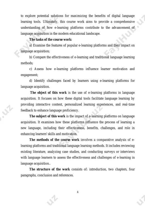 xamines how these platforms influence the process of learning a new language, including their effectiveness, benefits, challenges, and role in enhancing learners' skills and motivation. the methods of the course work involves a comparative analysis of e- learning platforms and traditional language learning methods. it includes reviewing existing literature, analyzing case studies, and conducting surveys or interviews with language learners to assess the effectiveness and challenges of e-learning in language acquisition.. the structure of the work consists of: introduction, two chapters, four paragraphs, conclusion and references. 5 chapter i. overview of e-learning platforms in language learning 1.1. the evolution of e-learning in language acquisition the evolution of e-learning in language acquisition has been shaped by technological advancements, changing educational needs, and a growing demand for flexible learning solutions. initially, language learning was limited to traditional classroom-based methods, which often required learners to attend fixed schedules and engage in face-to-face interactions …