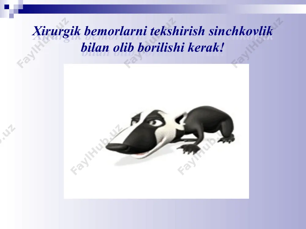 mumkin bo‘ladi. perkussiya bu usul bilan aniqlash mumkin: a’zolar chegaralarini; qorin bo‘shlig‘idagi erkin gaz borligini; plevral bo‘shliqdagi suyuqlik borligini; qorin bo‘shlig‘idagi suyuqlik borligini; o‘smalar, kistalar, erkin suyuqliklarni, yallig‘langan infiltratlarni va boshqa patologik jarayonlarni ularni o‘lchamlarini bilish mumkin. auskultatsiya eshitishda quydagi ma’lumotlarni olish mumkin: yurak kasalliklarini o‘pka kasalliklarini qorin bo‘shlig‘ida peritonitga gumon bo‘lganda (ichak peristaltikasini xarakteri va soni) arteteriyalar anevrizmalarida (sistolik shovqinni xarakterini) va boshq. glazgo shkalasi bo‘yicha komani og‘irligini aniqlash ko‘rsatkichlar ball maksimal baxolanish ko‘zini ochadi: spontan teginishda og‘riq paytida reaksiya yo‘q 4 3 2 1 4 gapirishi: yaxshi gapiradi karaxt xolatda manosiz so‘zlar noaniq tovushlar gapirmaydi 5 4 3 2 1 5 xarakati: vazifalarni bajaradi og‘riq soxani ko‘rsatadi qo‘l-oyoqlariga tekkanda bukadi, ochadi xarakat yo‘q 6 5 4 3 2 1 6 yaxshi ko‘rsatkich 15 yomon ko‘rsatkich 3 saps sistemasi bo‘yicha bemorning umumiy holatini og‘irlik darajasini aniqlash ball 4 3 2 1 0 1 2 3 4 yoshi 75 puls …