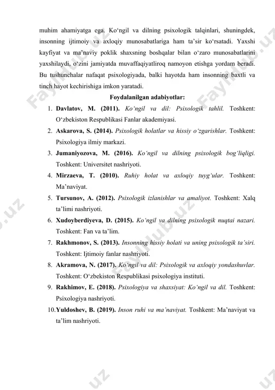 ’naviy qadriyatlariga sodiqligi ko‘ngilning xushchaqchaq holatida bo‘lishi bilan bog‘liqdir. agar ko‘ngil xursand bo‘lsa, dil ham toza va pokiza bo‘ladi. aksincha, ko‘ngilning xafagarchilik va iztirob holatlarida dilning axloqiy qadriyatlari, sadoqati va halolligi zaiflashadi. xulosa: ko‘ngil va dil tushunchalari inson psixologiyasining ajralmas qismlaridir va ular o‘rtasidagi o‘zaro bog‘liqlik insonning ruhiy holati, ijtimoiy munosabatlari va hayotdagi muvaffaqiyatlariga ta’sir ko‘rsatadi. ko‘ngil va dilning psixologik talqinlari ularning bir-birini to‘ldiruvchi, bir-biriga ta’sir ko‘rsatuvchi xususiyatlarini ko‘rsatadi. ko‘ngil, asosan, insonning hissiy kayfiyatini aks ettirsa, dil uning ma’naviy va axloqiy holatini bildiradi. bu ikkala tushuncha bir-biriga tayanib ishlaydi va insonning ichki dunyosida muvozanatni saqlashda katta rol o‘ynaydi. ko‘ngilning ijobiy yoki salbiy holatlari dilni boshqarishga ta’sir qiladi. agar ko‘ngil xushchaqchaq bo‘lsa, dilning ham tinch va baxtli bo‘lishi ehtimoli yuqori. aksincha, ko‘ngilning iztirobi yoki g‘amginligi dilni og‘ritadi va shaxsning ruhiy holatiga salbiy ta’sir ko‘rsatadi. shuningdek, ko‘ngil va dil o‘rtasidagi bog‘liqlik insonning axloqiy qarorlarida va shaxsiyatining rivojlanishida ham muhim ahamiyatga ega. ko‘ngil …