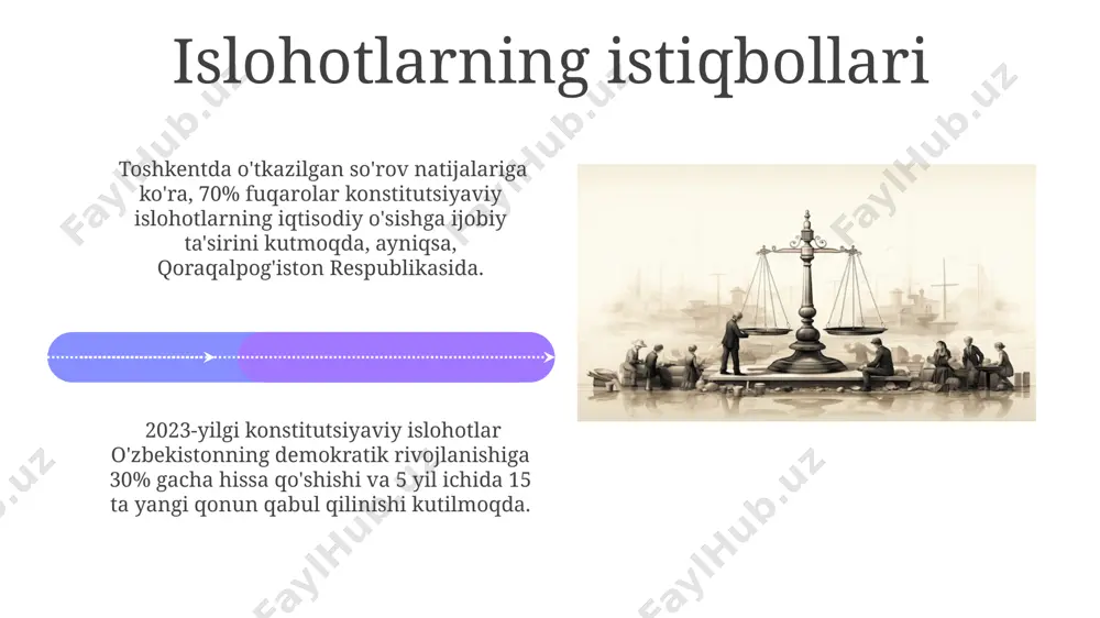 zilishining oldini olish va ularni bartaraf etishga qaratilgan 5 yillik strategik dasturlarni amalga oshirishda muhim hissa qo'shadi. 1995-yilda qabul qilingan "fuqarolik jamiyati tashkilotlari to'g'risida"gi qonun, fuqarolarning yig'ilish erkinligi, so'z erkinligi kabi huquqlarini himoya qilishda muhim rol o'ynaydi, bu esa 7 dan ortiq mintaqada amalda qo'llaniladi. konstitutsiyaviy islohotlarning mohiyati 1992-yilda qabul qilingan oʻzbekiston respublikasi konstitutsiyasi 2002, 2011 va 2023-yillarda amalga oshirilgan muhim konstitutsiyaviy islohotlar orqali takomillashtirildi, bu islohotlar mamlakatning siyosiy tizimini modernizatsiyalashga qaratilgan. konstitutsiyaviy islohotlar davlat boshqaruvi tizimini, jumladan, parlament va prezident hokimiyatining vakolatlarini aniqlashtirish, shuningdek, fuqarolarning huquq va erkinliklarini kengaytirish kabi maqsadlarni oʻz ichiga oladi. masalan, 2023 yildagi o'zgartirishlar natijasida fuqarolarning ishtirokini ta'minlaydigan yangi mexanizmlar joriy etildi. konstitutsiyaviy nazorat konstitutsiyaviy nazorat 1992-yildan buyon o‘zbekiston respublikasida amaliyotga tatbiq etilib, sud hokimiyatining mustaqilligini va qonun ustuvorligini ta’minlashda muhim rol o‘ynaydi. konstitutsiyaviy sudning qarorlari, 2017-yildagi o‘zgarishlar bilan birga, mamlakatning barcha hududlarida, shu jumladan toshkent shahrida ham, majburiy ijro etiladi. huquqiy davlat tamoyillari huquqiy …