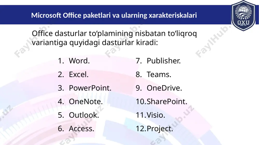 crosoft windows (1989) uchun ishlab chiqilgan. amaldagi versiyasi windows va windows 10,11 uchun mo‘ljallangan microsoft office word 2021 hisoblanadi. ms word so‘nggi yillarda o‘z imkoniyatlarini kengaytirdi. word 2003 versiyasidagi dastur asosiy ramzi word 2007 versiyasida qisman o‘zgartirildi. planshet, smartfon va boshqa qurilmalar uchun dastur sinxronlashtirildi. dastur tarkibiga yangi shriftlar. turli format usullari, har bir ob’yekt uchun alohida sozlamalar qo‘shildi, dasturning internet orqali yangilanishi va qayta aloqa qilish tizimi takomillashtirildi. mobil qurilmalar, planshetlar uchun word dasturini plav market. appstorv va boshqa internet do‘konlardan yuklab olish mumkin. microsoft office dasturlarining versiyalari, yaratilish tarixi va imkoniyatlari yil nomi versiya izoh 1999 word 2000 9.0 microsoft office 2000 paketi tarkibida 2001 word 2002 10.0 microsoft office xp paketi tarkibida 2003 office word 2003 11.0 office 2003 paketi tarkibida 2006 office word 2007 12.0 office 2007 paketi tarkibida interfeysning revolutsion o‘zgarishi, ooxml format ini qo‘llay olishi - *.docx) 2010 word 2010 14.0 office 2010 paketi …
