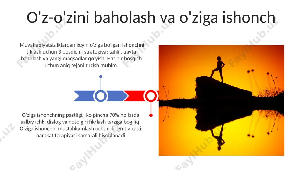 5% ga yuqori ishonchni keltirib chiqaradi. doimiy o'sish va rivojlanish to'siqlarni bartaraf etish strategiyasi o'z-o'zini anglash darajasini 5 ball shkalasi bo'yicha baholash orqali zaif tomonlarni aniqlash va ularni bartaraf etishga yo'naltirilgan individual strategiyani ishlab chiqish mumkin. motivatsiya darajasini o'lchash testlaridan foydalanib, 3 ta asosiy motivatsion omilni aniqlash va ularni kuchaytirishga qaratilgan amaliy choralarni belgilash samaralidir. o'z kuchini to'g'ri baholash o'z qobiliyatlarini realistik baholash uchun kamida 3 ta turli manbadan (masalan, o'z-o'zini baholash, tengdoshlar fikri, mutaxassislar baholashi) ma'lumot to'plash tavsiya etiladi. o'z kuchini to'g'ri baholashda, 70% obyektiv baho va 30% subyektiv his-tuyg'ularga tayanish muvozanatli yondashuvni ta'minlaydi, bu esa haddan tashqari optimizm yoki pessimizm xavfidan qochadi. samarali vaqtni boshqarish kunlik rejangizga 3-5 ta muhim vazifani kiritish va ularni bajarishga e'tiboringizni jamlash, samaradorligingizni sezilarli darajada oshiradi, shuningdek, stressni kamaytiradi. samarali vaqtni boshqarish, pareto printsipi deb ataluvchi 80/20 qoidasini qo'llash orqali, sizning vaqtingizning 80%ini natijangizning 20%ini keltirib chiqaradigan vazifalarga sarflashingizni kamaytirishga yordam beradi. e'tiboringiz …