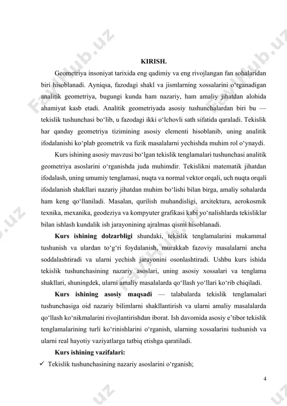 lik tushunchasidan foydalanib, sirtlar, burchaklar, uchburchaklar va boshqa shakllarni o‘rganganlar. lekin ular asosan vizual (chizmalar orqali) tushunish bilan kifoyalangan. · analitik geometriyada. 17-asrda rene dekart va pyer fermat asos solgan analitik geometriyada tekislik tushunchasi yangi bosqichga ko‘tarildi. ular tekislikdagi nuqtalarni koordinatalar orqali ifodalay boshlashdi va tekislikdagi to‘g‘ri chiziq, aylana kabi shakllarni algebraik tenglamalar yordamida ifodalash yo‘lini ochib berishdi. bu yondashuv bugungi kunda ham analitik geometriyaning asosini tashkil qiladi. · zamonaviy matematikada. hozirgi zamon matematikasida tekislik tushunchasi turli sohalarda keng ishlatiladi: · evlid fazosida tekislik — uch o‘lchovli fazodagi ikki o‘lchovli sath sifatida tushuniladi. · differensial geometriya va topologiyada tekislik tushunchasi yanada umumlashtiriladi. · kompyuter grafikasi va fizikada esa tekisliklar fazoviy modellarni tuzishda asosiy element sifatida xizmat qiladi. bugungi kunda tekislik tushunchasi nafaqat nazariy, balki amaliy sohalarda ham (muhandislik, fizika, kompyuter ilmlari) juda muhim ahamiyat kasb etadi. tekislik — bu uch o‘lchovli fazoda har qanday ikki nuqtasi orqali o‘tuvchi to‘g‘ri chiziq …