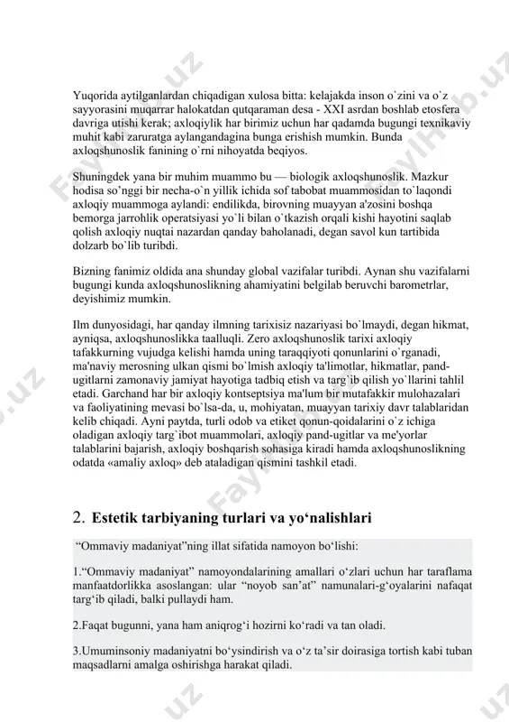 umiy qabul qilingan milliy urf-datlar, jamoatchilik fikri yordamida, alohida belgilangan kishilar tomonidan emas, balki muayyan ijtimoiy guruh, jamiyat tomonidan amalga oshiriladi. shuningdek huquqshinoslik kasbi uchun muhim bo`lgan amaliy axloq jihatlarini axloqshunoslikning huquqshunos odobi deb ataladigan maxsus sohasi tadqiq qiladi va tavsiya etadi. axloqshunoslikning ekologiya bilan aloqasi tobora mustahkamlanib bormoqda.endilikda global ekologik muammolar ko`proq odamlarning ijtimoiy-axloqiy nuqtai-nazarlariga bog`liq ekani ma'lum bo`lib qoldi. shunday qilib, hozirgi kundagi ekologik muammolarni hal etish axloqshunoslikka borib taqalmoqda. xx asrda ekologik axloqshunoslik degan maxsus soha ham yuzaga keldi. lekin, bu - axloqshunoslik ekologiyani to`liq o`z ichiga oladi, degan so`z emas. chunki bunda axloqiy baholash va boshqarish ob'ekta sifatida tabiatning o`zi emas, balki odamning tabiatga bo`lgan munosabati maydonga chiqadi. axloqshunoslik hamma davrlarda ham yuksak ahamiyat kasb etib kelgan fan. faqat zulm va zo`ravonlikka, adolatsizlik va huquqsizlikka asoslangan totalitar tuzumlardagina yolg`onga bo`ysundirilgan, soxtalashtirilgan hamda shu yo`l bilan uning ahamiyati pasaytirilgan. mamlakatimiz mustaqillikka erishishi sharofati bilan yana axloqshunoslik yangi …