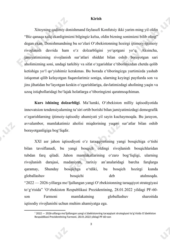 tomonidan ishlab chiqilgan o’zbekistonning “2022 — 2026-yillarga mo‘ljallangan yangi o‘zbekistonning taraqqiyot strategiyasi to‘g‘risida” , xususan iqtisodiyotni rivojlantirish va liberallashtirishning ustuvor yo‘nalishlari, o’zbekiston respublikasi oliy majlisi tomonidan qabul qilingan qarorlar, ushbu mavzu bo’yicha yetakchi olimlarning ilmiy tadqiqot natijalari, xorijda va mamlakatimizda to’plangan ilmiy, amaliy tajriba va xulosalardan unumli foydalanilgan. ilmiy ishda mantiqiy sxemalash, statistik guruxlash, dinamik qatorlash, jadvallarni analitik taqqoslash kabi uslublardan foydalanildi. kurs ishi tuzilishi va tarkibi. kurs ishi “global demografik muammolar” mavzusida yozilgan bo’lib kirish, asosiy qism va undagi 4 paragraf, xulosa va takliflar, foydalanilgan adabiyotlar ro’yxatidan iborat. 1. demografik jarayonlarning mamlakat iqtisodiy taraqqiyotiga ta’siri demografik jarayonlar, birinchi navbatda, ijtimoiy-mehnat sohasiga sezilarli taʼsir koʻrsatib, milliy iqtisodiyot va jamiyat rivojlanishining asosiy omili boʻlib, aholining mehnat bilan bandlik va ishsizlik darajasining miqdoriga, yalpi ishlab chiqarish aholining jon boshiga toʻgʻri keladigan oʻrtacha daromad koʻrsatkichlarini, uy-joy bilan taʼminlash, keksaygan yoshdagi pensiya taʼminoti tashkillashtirishga bevosita taʼsir etib boradi. 1-rasm. dunyo doimiy aholisi sonining so‘nggi …