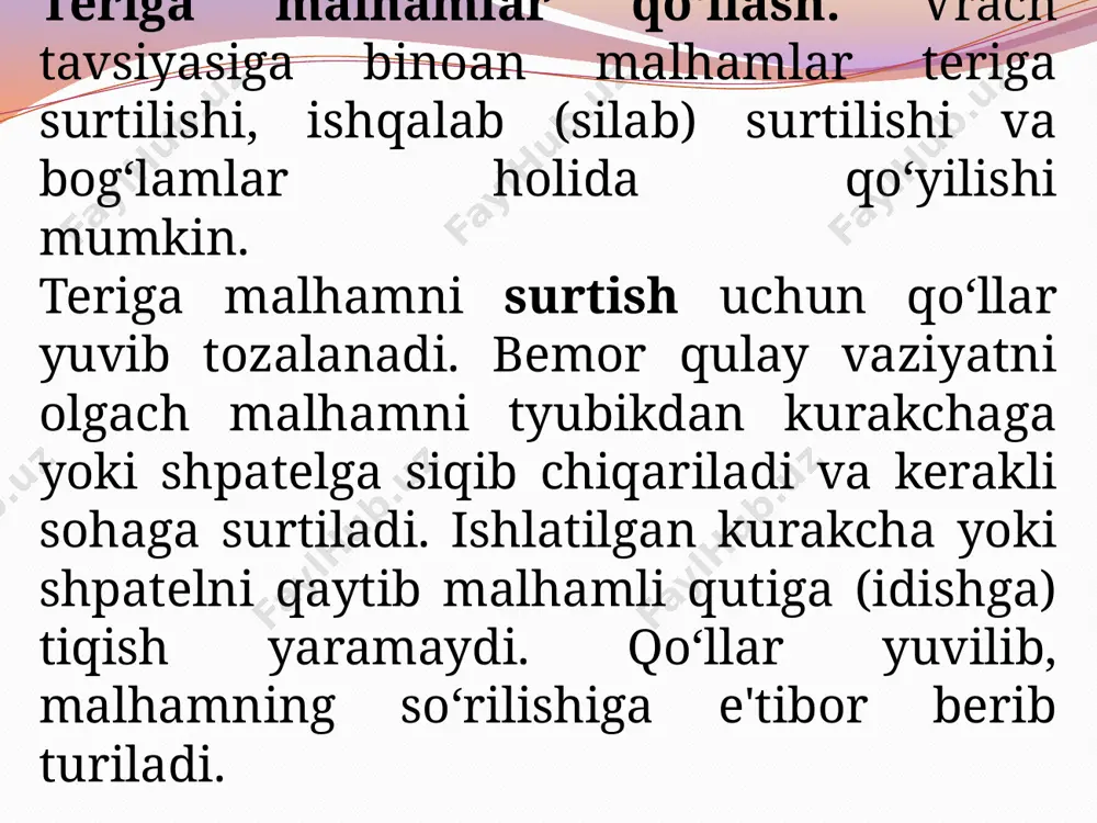 ‘lib, gazlar (kislorod, karbonat angidrid), shuningdek chang holidagi mayda moddalar (aerozollar)ni nafasga olish mumkin. buning uchun maxsus ishlangan pulverizator apparatlar yoki bug‘ ingalatorlaridan foydalaniladi. qisilgan havo yoki kislorod eritmalari changsimon holatga keltiriladi, ulardan bemor nafas oladi. ingalatsiyalarni shuningdek dori solinadigan dastaki (cho‘ntak) ingalatorlar yordamida ham amalga oshirish mumkin. ingalatsiyadan oldin kiyim- larni iflos bo‘lmasligi uchun be- morning ko‘krak qafasi kleyon- ka bilan berkitiladi. bemor appa- rat ro‘parasiga bug‘ kuydirib qo‘y- maydigan masofada o‘tqaziladi. bug‘ni faqat og‘iz orqali na- fasga olish va chiqarish kerak. bronxial astma bilan og‘rigan be- morlar uchun uyda ishlatiladigan ingalatorlar mavjud. dori mod- dasi plastmassa naychada bo‘lib, unga rezina ballon kiydirilgan bo‘ladi. bemor uni bosganda havoni yutishi bilan dori nafas yo‘llariga kiradi dori moddalarini enteral yo‘l bilan yuborish: 1.dorilarni og‘iz orqali qo‘llash - per os 2.to‘g‘ri ichak orqali - per rectum 3.til ostiga qo‘yib - sub lingua ichga kiritiladi. bu usulning hammasi mahalliy, rezobtiv va reflektor ta'sir …