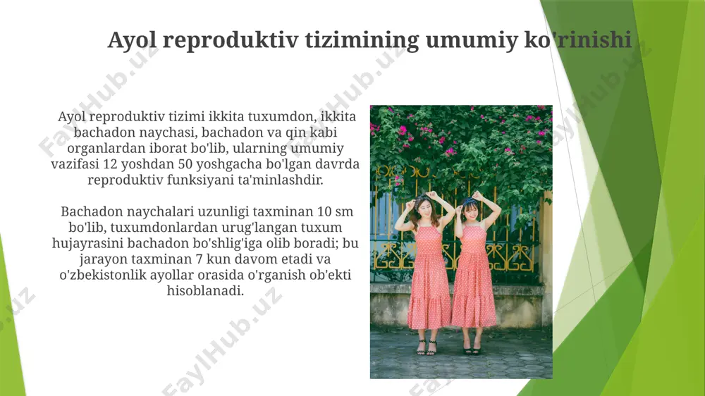 yuqadigan infektsiyalar (jyiy) amerika qo'shma shtatlarida o'tkazilgan tadqiqotlar shuni ko'rsatdiki, 15-24 yoshli ayollar orasida jyiyga chalinish darajasi yuqori bo'lib, yiliga 3 millionga yaqin yangi holatlar qayd etiladi. jyiyga chalingan ayollarning 80% dan ko'prog'i hech qanday alomatlarni sezmaydi, bu esa infektsiyaning tarqalishiga va jiddiy asoratlarga olib kelishi mumkin. menopauza menopauza paytida estrogen darajasining 50% ga kamayishi suyak zichligining pasayishiga olib keladi va bu osteoporoz xavfini oshiradi, ayniqsa 65 yoshdan oshgan ayollarda tez-tez kuzatiladi. menopauza, ayolning reproduktiv tizimida 45-55 yosh oraligʻida sodir boʻladigan tabiiy jarayon boʻlib, uning davomiyligi 4-8 yilni tashkil etadi va bu davrda reproduktiv funksiya asta-sekin yoʻqoladi. hayz sikli ҳайз циклининг давомийлиги аёлларда турлича бўлиб, 21 кундан 35 кунгача ўзгариши мумкин; бунинг сабаби генетика, стресс ва ҳатто географик жойлашиш каби омиллар билан боғлиқ бўлиши мумкин. ҳар ойдаги ҳайз қон кетишининг миқдори тахминан 20-80 мл ни ташкил этади ва бу жараён тананинг табиий функциясидир, бироқ бу кўрсаткичлар аёлларда фарқли бўлади. tug'ish …
