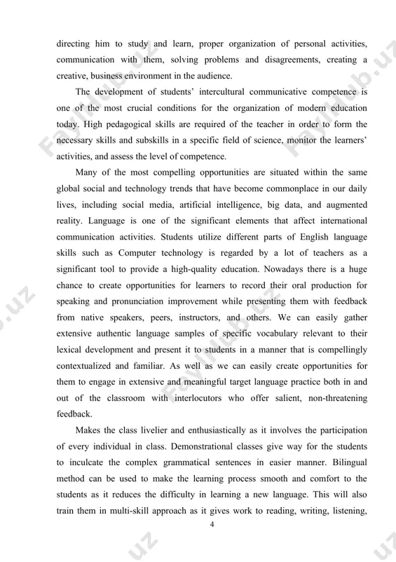 tice both in and out of the classroom with interlocutors who offer salient, non-threatening feedback. makes the class livelier and enthusiastically as it involves the participation of every individual in class. demonstrational classes give way for the students to inculcate the complex grammatical sentences in easier manner. bilingual method can be used to make the learning process smooth and comfort to the students as it reduces the difficulty in learning a new language. this will also train them in multi-skill approach as it gives work to reading, writing, listening, and speaking skills. language teaching and learning is important as it engages both teacher and student in a learning process as it engages on learning the whole language rather than concentrating only on the skill instructed activities. the learner could acquire discipline in learning a language as he/she puts forth the rules and fundamentals that binds in a language. various kinds …