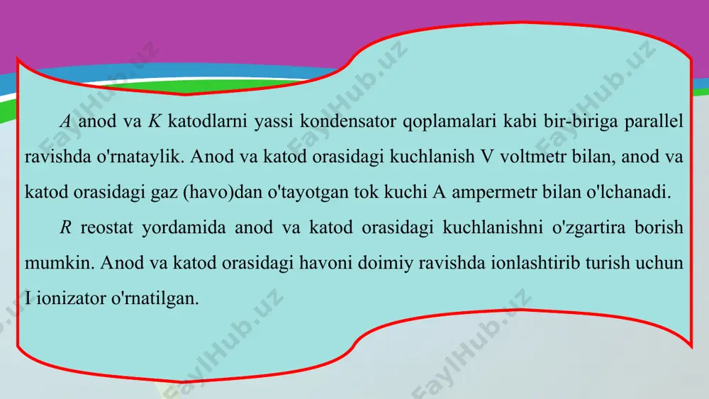 qaramay, ba'zi hollarda kuchli elektr razryad sodir bo'lishi mumkin. uchqun chiqmasligi uchun elektr uzatish tarmoqlarida kuchlanish qanchalik yuqori bo'lsa, tayanch bilan o'tkazuvchi sim orasidagi izolator shunchalik katta bo'lishi kcrak. odatdagi sharoitda havodagi elektr maydon kuchlanganligi 3000 000 n/c ga yetganda uchqun razryad hosil bo'ladi. uchqun razryad tabiatda chaqmoq tarzida yuz beradi. chaqmoq bulutlar orasida yoki bulut bilan yer orasida sodir bo'lishini bilasiz. turli ishorali kuchli zaryadlangan bulutlar bir-biriga yaqinlashganda, ular orasida kuchli uchqun razryad — chaqmoq hosil bo'ladi. bulutlar orasidagi kuchlanish 100000000 v dan oshishi mumkin. bunday bulutlar orasidagi chaqmoq paytida havo orqali o'tgan tokning kattaligi 10 000 a ga boradi. chaqmoq paytida uchqun razryadning davomiyligi bor-yo'g'i 0,001-0,02 s bo'ladi. bir-biriga yaqinlashtirilgan ikki elektrodga yuqori kuchlanish berib, uchqun razryad hosil qilinganda, anodda chuqurcha, katodda esa do'ngcha hosil bo'la­di (125-rasm). bunday hodisadan metallarga ishlov berishda foydalaniladi. agar teshik ochish kerak bo'lgan metallni anod qilib olib, unga katod yaqinlash-tirilsa, anodda chuqurcha hosil …