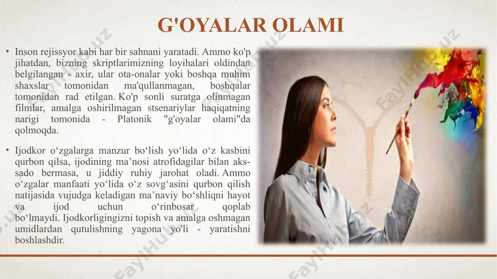 i uning boshida. siz yomon niyatlilar va hatto tanqidiy oila a'zolari bilan muloqotni to'xtatishingiz mumkin; auditoriyani tushunadigan auditoriyaga o'zgartirishingiz mumkin. ammo ichki tanqidchidan qutulib bo‘lmaydi. “ijodkorlik dushmani” – sizni “keraksiz ishlaringiz” har bir “ijodkorlik dushmani” – sizni “keraksiz ishlaringiz” uchun tanqid qilgan ota-onalar, tengdoshlarini mazax qilgan o‘qituvchilar haqida o‘ylab ko‘ring. bu jarayon sizning ichki tanqidchi qayerdan kelganini tushunish uchun zarur. bundan tashqari, mashq o'zingizning ijodingiz haqidagi shaxsiy nuqtai nazaringizni boshqa odamlarning fikrlaridan ajratishga yordam beradi. uning vazifasi o'tmishdagi ijtimoiy muammolarning ta'sirini zararsizlantirishdir. buning uchun avvalo “ijodkorligingiz dushmanlari” ro‘yxatini tuzishingiz kerak. jinoyatchini, uning aytgan so'zlarini, u tufayli siz chidashingiz kerak bo'lgan barcha salbiy narsalarni eslang. keyin fantaziyangizni yoqing va u yana sizning oldingizda turganini tasavvur qiling. ammo endi siz himoyasiz bola yoki o'smir emassiz. siz uning tanqidiga munosib javob berishga va huquqbuzarning barcha yomon ishlariga qarshi turishga qodirsiz. image2.png image4.png image5.png image6.png image7.png image8.png image9.png image10.png image1.png