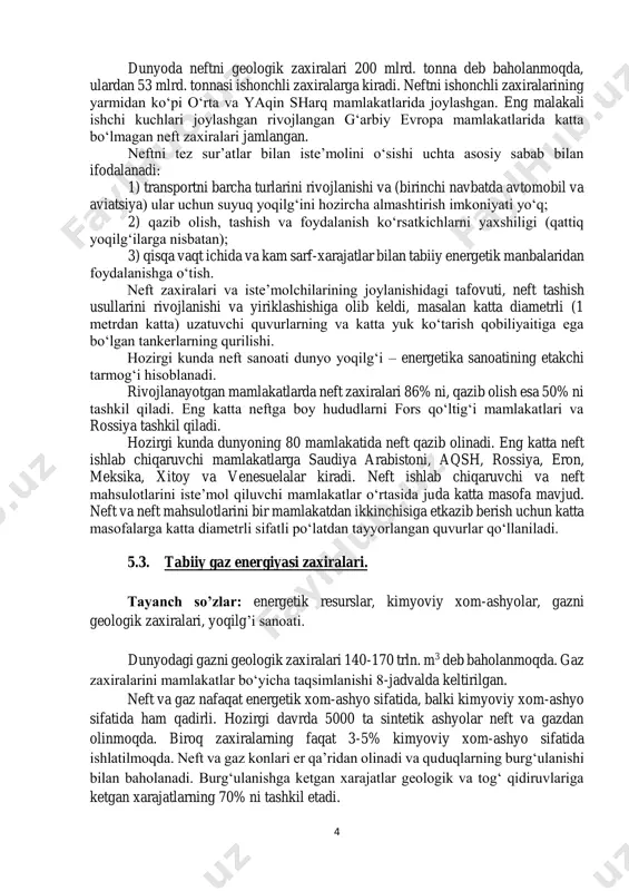 ini hozircha almashtirish imkoniyati yo‘q; 2) qazib olish, tashish va foydalanish ko‘rsatkichlarni yaxshiligi (qattiq yoqilg‘ilarga nisbatan); 3) qisqa vaqt ichida va kam sarf-xarajatlar bilan tabiiy energetik manbalaridan foydalanishga o‘tish. neft zaxiralari va iste’molchilarining joylanishidagi tafovuti, neft tashish usullarini rivojlanishi va yiriklashishiga olib keldi, masalan katta diametrli (1 metrdan katta) uzatuvchi quvurlarning va katta yuk ko‘tarish qobiliyaitiga ega bo‘lgan tankerlarning qurilishi. hozirgi kunda neft sanoati dunyo yoqilg‘i – energetika sanoatining etakchi tarmog‘i hisoblanadi. rivojlanayotgan mamlakatlarda neft zaxiralari 86% ni, qazib olish esa 50% ni tashkil qiladi. eng katta neftga boy hududlarni fors qo‘ltig‘i mamlakatlari va rossiya tashkil qiladi. hozirgi kunda dunyoning 80 mamlakatida neft qazib olinadi. eng katta neft ishlab chiqaruvchi mamlakatlarga saudiya arabistoni, aqsh, rossiya, eron, meksika, xitoy va venesuelalar kiradi. neft ishlab chiqaruvchi va neft mahsulotlarini iste’mol qiluvchi mamlakatlar o‘rtasida juda katta masofa mavjud. neft va neft mahsulotlarini bir mamlakatdan ikkinchisiga etkazib berish uchun katta masofalarga katta diametrli sifatli …
