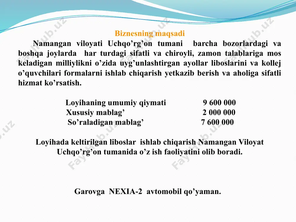 doimiy boshqaruvchi 4 xom-ashyo etkazib berish boshqaruvchi doimiy boshqaruvchi 5 oylik hisob-kitoblar boshqaruvchi har oy yakuni bo`yicha boshqaruvchi № lavozimi soni ish xaqi 1 raxbar 1 400 000 2 tikuvchi 2 724 000 3 dazmol qiluvchi (bichuvchi) 1 362 000 jami 4 1 486 000 ishchilar soni amortizatsiya -6 200 000 so’mdan iborat tehnologiya mavjud yaroqlik muddati 5 yil = 60 oy 6 200 000:5:12=103 000 kredit qaytarish grafigi sonlarni kiriting yig`ma ma`lumotlar kredit summasi 9 600 000,00 qaytariladigan jami mablag` 10 392 000 yillik foiz stavkasi 9,0% umumiy % summasi 792 000 kredit muddati (yil) 2 2,5 har oyda qaytariladigan kredit tani 640 000 yil davomida to`lovlar soni 12 xaqiqatda to`lovlar soni 15 imtiyozli davr (oylar soni) 3 mikrokredit berilgan sana qo`shimcha to`lov (zarur emas) кредитор: raxmonova asalxon oylar davr boshiga kredit qoldig`i qaytariladigan kredit tani % to`lovlari jami to`lov davr oxiriga kredit qoldig`i 1 9 600 000 0 …