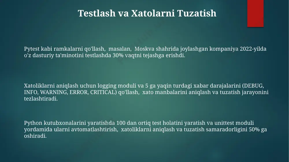 ida aniq, tushunarli va to'liq ma'lumotlarni, misollardan foydalanib, berish muhim, masalan, google style guide'ga rioya qilish tavsiya etiladi. kodni tuzish va optimallashtirish xotira boshqaruvi muhim ahamiyatga ega bo'lib, andijon shahridagi loyihada 2 gb ram dan foydalanuvchi dasturda, malumotlar tuzilmalari tanlashining o'zgarishi natijasida, xotira sarfini 20% ga kamaytirishga erishildi. kod optimallashtirishida, cpython interpretatorining xususiyatlarini hisobga olgan holda, 1000 dan ortiq iteratsiyali tsiklni numpy kutubxonasi yordamida vektorlashtirish toshkentda o'tkazilgan tadqiqotlarga ko'ra, ishlash tezligini 5-10 barobar oshirdi. python kutubxonalarini yaratishda, kodning o'qilishi va tushunarliligi uchun 20 dan ortiq satrli funksiyalarni 3-4 ta kichikroq funksiyalarga bo'lish samarqanddagi dasturchilar tajribasida samarali ekanligi isbotlangan. kutubxonani tarqatish va foydalanuvchilar bilan aloqa github yoki gitlab kabi platformalarda ochiq manbali loyiha sifatida kutubxonangizni taqdim etish, 2000 dan ortiq star va 100 dan ortiq forklarni olish orqali jamoatchilik bilan faol aloqada bo'lish imkonini beradi. kutubxonangizni pypi (python package index) kabi global omborga joylashtirish orqali 100 000 dan ortiq foydalanuvchiga yetishingiz …