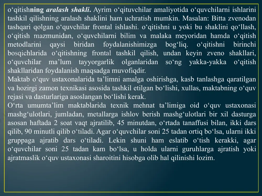 bo‘yicha o‘quvchilarning operatsiyalar va ishlarni bajarishlarida bilim va mehnat usullari darajasini aniqlash; kasb ta’limi o‘qituvchisi tomonidan atroflicha nazorat o‘rnatilishi va o‘quvchilarning o‘z-o‘zlarini nazorat qilishlari, o‘rganuvchi mashqlar yo‘li bilan mehnat usullarini mustahkamlash hamda ularni mehnat ko‘nikmalarining dastlabki darajasiga yetkazish; amaliy mashg‘ulotlarni mustaqil bajarish hamda o‘tgan mashg‘ulotning natijalarini yaxshilash uchun safarbar qilishga qaratilgandir. amaliy laboratoriya ishlarida o‘qituvchi rahbarligida o‘quvchilar har xil tadqiqotlar, tajribalar, kuzatishlar olib boradilar, maxsus asboblar, uskunalar, apparatlar yordamida o‘lchash ishlari o‘tkazadilar. amaliy laboratoriya ishlari o‘quvchilarga faqat turli xil uskunalar, asboblar, moslamalar bilan ishlashni o‘rgatmay, balki o‘lchovlar, kuzatishlar natijalarini ishlab chiqishni o‘rganish hamda to‘g‘ri ilmiy xulosalar va umumlashmalar chiqarish imkonini beradi. amaliy laboratoriya ishlari laboratoriya asbob-uskunalari, tadqiqot obektlari, topshiriq kartochkalari va o‘quvchilar uchun hisobot shakllarini puxta tayyorlashni talab qiladi. amaliy laboratoriya ishlari, o‘quvchilarga individual (yakka tartib) yo‘llanma berishdan tashari, ham frontal usulida, ham zveno(guruh) usulida o‘tkazilishi mumkin. amaliy laboratoriya ishlarining natijalari jamoa muhokamasidan o‘tkaziladi, so‘ngra o‘qituvchi baho qo‘yadi. ishlab chiqarish …
