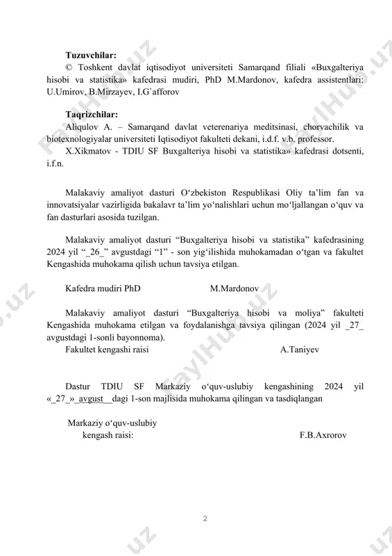 iy amaliyotning mazmuni va kalendar rejasi 6 2.1. malakaviy amaliyotning kalendar rejasi 6 2.2. malakaviy amaliyotning mazmuni 8 3. malakaviy amaliyotni hisobotini yakunlash va rasmiylashtirish 15 4. tahliliy jadvallar 16 5. malakaviy amaliyotni tashkil etish va unga rahbarlik qilish 16 6. filialdan belgilangan rahbarning majburiyatlari 18 7. xoʻjalik yurituvchi sub’yektlar (korxona) tomonidan amaliyotga rahbar boʻlgan shaxsning majburiyatlari 22 8. amaliyot mobaynida talabaning huquqlari va majburiyatlari. 22 9. malakaviy amaliyot natijalarini yakunlash, hisobotni taqdim etish, himoya qilish va baholash tartibi hamda me’zonlari ………………...…………….…18 10. malakaviy amaliyot bo‘yicha hisobotning tarkibiy qismlari………...…..21 ilovalar 24 kirish 60410100-“buxgalteriya hisobi va audit (tarmoqlar bo‘yicha) ” ta’lim yo‘nalishi talabalari olgan nazariy bilimlarini amaliy bilimlar bilan boyitish maqsadida malakaviy amaliyotni o‘tashlari taqoza etiladi, bu esa talabalarni yetuk mutaxassis bo‘lib yetishishda muhim rol o‘ynaydi. ushbu yo‘nalish bo‘yicha ta’lim olayotgan talabalar “buxgalteriya hisobda ict”, “moliyaviy hisobot -2”, “audit-2”, fanlaridan 3 hafta davomida amaliyotni o‘tkazadilar. malakaviy amaliyot dasturi 60410100-“buxgalteriya hisobi va …