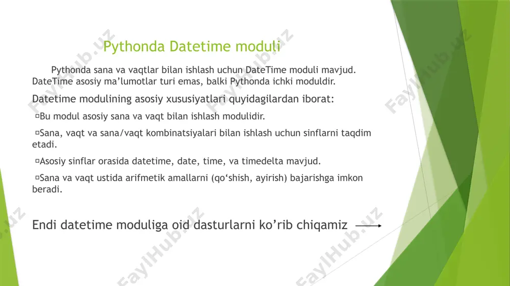 umotlarini saqlaydi. vaqt-ma’lumotlari turi soat, daqiqa, soniya va mikrosoniyani o‘z ichiga olgan kun vaqtini saqlaydi. datetime-ma’lumotlar turi taqvim sanasi va kunning vaqti ma’lumotlarini birga saqlash uchun sana va vaqt ma’lumotlar turlarini birlashtiradi. timedelta-ma‘lumotlar turi ikki sana, vaqt yoki sana vaqti o‘rtasidagi farqni hisoblash uchun ishlatiladi. vaqt modulining umumiy ko‘rinishi va uning funksionalligi pythonda sanalar va vaqtlar haqida gapirish vaqti keldi. dasturlashning bu sohasi ba’zi ilovalarda keng qo‘llaniladi. biroq, boshqa ilovalar ham borki, ularda hech qachon sana va vaqtlardan foydalanish shart emas. ma’lumotlar nuqtalari ko‘pincha sana va vaqt komponentini o‘z ichiga oladi va bu ko‘pincha real dunyo ilovalaridagi ma‘lumotlarning muhim qismidir. pythonda sana va vaqtlar bilan ishlash siz o‘ylagandek oddiy emasligining bir qancha sabablari bor. mana o‘sha sabablarning ba’zilari: biz kunlar va vaqtlarni guruhlash usuli eng oddiy emas . haftaning kunlari har etti kunda takrorlanadi, biroq oydagi kunlar soni osonlikcha aniqlash mumkin bo‘lgan qoidaga amal qilmaydi. 365 soni 7 ga bo‘linmagani …