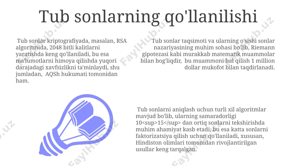 lish uchun butun dunyo bo'ylab, shu jumladan, aqsh va xitoyda qo'llaniladi. murakkab sonlar, matematikada, sonlar nazariyasi va algebraik struktura, masalan, uzuklarni o'rganishda muhim rol o'ynaydi. ferma teoremasi kabi, 17-asrda isbotlangan teoremalar, murakkab sonlarni tadqiq qilish bilan chambarchas bog'liqdir. murakkab sonlar faktorizatsiya muammosining murakkabligi tufayli, zamonaviy kriptotizimlarning asosini tashkil etadi. masalan, 1024 bitlik murakkab sonni faktorizatsiya qilish, hozirgi zamon kompyuterlari uchun ham juda ko'p vaqt talab qiladi. bu esa ma'lumotlarning xavfsizligini ta'minlaydi. murakkab sonlar misollari toshkentdagi maktablarda o'qitiladigan murakkab sonlarning yana bir misoli 24 sonidir. uni 2 x 2 x 2 x 3 yoki boshqa omillar ko'paytmasi sifatida ifodalash mumkin, bu esa uning murakkab ekanligini ko'rsatadi. bunday misollarning yordamida talabalar murakkab sonlarni tushunishlari osonlashadi. andijon viloyati maktablarida murakkab sonlar haqida o'rgatishda 36 soni keng qo'llaniladi murakkab sonlar, masalan, 12, 18, 20 kabi sonlar, ikki yoki undan ortiq tub bo'lmagan sonlarning ko'paytmasi sifatida ifodalanishi mumkin. masalan, 12 soni 2 x 2 x …