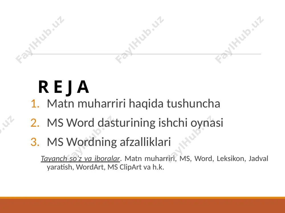 val ko’rinishida ifodalash va tahlil kilish giperssilka imkoniyatlari ms word da ms excel dasturini ishlatish imkoniyatlari axborotni tahlil qilish jarayoni ms wordning afzalliklari matnli axborotlarga to’lokonli ishlov berish imkonini beradi operatsion tizim ichidagi barcha offislar uzviy bogliqligi dizayn grafik imkoniyati ko’pligidir va h.q. adabiyotlar royhati kenjaboev va boshqalar. informatika va axborot texnologiyalari. t.: “iqtisod moliya”.2013 – 160 bet. b.begalov va bosqalar. informatika va axborot texnologiyalari.t.: noshir. 2010 -996 bet axborot texnologiyalari/ m.aripov, b.begalov, sh.begimqulov,m.mamarajabov.-t.2009.-368 bet. e’tiboringiz uchun raxmat image3.png image4.png image5.png image6.png image7.jpeg image8.png image9.png image10.png image11.png image12.png image13.gif image14.png image15.jpeg image16.png image17.png image18.png image19.jpeg image20.png image21.png image22.png image23.png image24.png image2.jpeg /docprops/thumbnail.jpeg