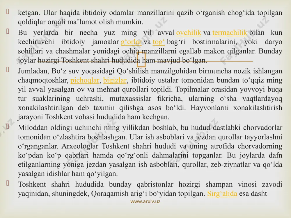 shahar vayron boʻlib, qayta qad koʻtardi. toshkent oʻrnidan necha bor siljib, nomi xam bir necha marta oʻzgardi. xoja ahror valiy, shayx umar bogʻistoniy, abu bakr shoshiy, abu sulaymon banokatiy, hofiz koʻhakiy kabi butok allomalar shu hududda yashab, ijod etganlar. shahar sifatida toshkent haqidagi birinchi maʼlumotlar eramizdan avvalgi ii asrdagi qadimgi-sharqiy manbalarda uchraydi;xitoy manbalarida yuni deb atalgan; fors shohi shоpur i eramizdan avvalgi 262-yildagi „zardusht kaʼbasi“ qaydnomalarida toshkent vohasi choch deb nomlangan. choch — oltin eksporti, qimmatbaho toshlar, shirinliklar va aslzot otlarni boshqa shahar va mamlakatlarga olib o‘tishdagi yo‘lning chorrahasida joylashgan. „tosh shahar“ maʼnosini anglatuvchi bugungi toshkent — zamonaviy respublikaning poytaxti, o‘tmish maʼlumotlarini saqlovchi, oʻzbekiston tarixi haqida ko‘p maʼlumotlarni xotirlovchi, 2 milliondan ortiq aholisi bo‘lgan bu shahar markaziy osiyoning eng katta industrial markazlaridan biridir. toshkentning uzoq oʻtmishi va u qad koʻtargan qadimgi choch yoki shosh viloyati haqidagi maʼlumotlar yozma manbalarda xilma-xil hamda uzuq-yuluq tarzda aks etgan. zardushtiylarning qadimgi muqaddas kitobi avesmona …