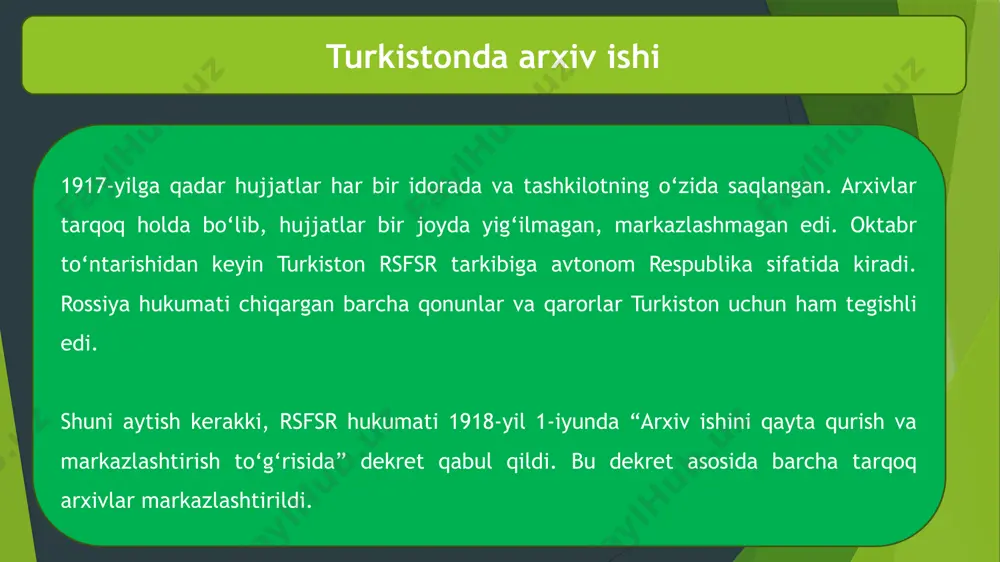 ismi hisoblanadi, deb ko‘rsatilgan. markaziy va mahalliy arxiv tashkilotlarining muhim vazifasi arxiv hujjatlarini qidirib toppish va yig‘ish edi 1920-1921-yillari 500 dan ortiq fondlar hisobga olindi. 1921-yil oxirigacha davlat arxiv fondlariga 157 ta harbiy va fuqaro tashkilotlari 305 mingdan ortiq yig‘majildlarni topshirdilar. 1922-yili 83 ta tashkilot tomonidan 200 mingga yaqin yig‘majild topshirildi. 1920-1924-yillarda metodik qo‘llanmalar yozildi. masalan, arxiv fondlarini bayon qilish, joriy arxivlarni nazorat qilish va hisobga olish, hujjatlarni ajratish va yo‘q qilish to‘g‘risida yo‘riqnomalar tuzildi. turkiston respublikasi arxivlarining bu ishlari arxiv nazariyasi va amaliyotiga muhim va salmoqli hissa bo‘lib qo‘shildi ma’lumki, 1924-yili o‘rta osiyo respublikalarida milliy-hududiy chegaralanish o‘tkazildi. natijada, ittifoq tarkibida o‘zbekiston va turkmaniston, tojikiston mr hamda rsfsr tarkibida qozog‘iston mr va qirg‘iziston avtonom viloyati tashkil qilindi. buning natijasida, o‘zbekistonning o‘z arxiv tashkilotlari vujudga keldi. arxiv hujjatlari yangi tuzilgan respublikalar o‘rtasida quyidagi tartibda bo‘lindi: o‘rta osiyo va ittifoq ahamiyatiga ega bo‘lgan arxiv fondlari o‘rta osiyo markazoy davlat arxivida – toshkentda …