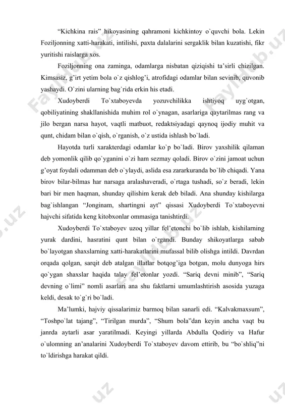 b, bu “bo`shliq”ni to`ldirishga harakat qildi. xudoyberdi to`xtaboyev bolalar uchun asar yozayotgan paytda, albatta, o`z o`quvchisini ko`z oldiga keltirib yozadi. “olti yoshli bolaga aytayotgan gapingiz o`n to`rt yoshli o`smirga aytadigan gapingizdan albatta farq qilishi kerak”, deb ta’kidlaydi u. yozuvchining bolalar va o`smirlarga atab yozgan asarlarining qiziqarli, o`qimishli, jozibali bo`lishining asosiy sabablaridan biri ham shunda. shuning uchun ham xudoyberdi to`xtaboyevning birinchi yumoristik-sarguzasht qissasi, bolalar hayotidan olingan “sehrli qolpoqcha” tez orada bolalar hurmatiga sazovor bo`ladi va uni jamoatchilik juda iliq kutib oldi. yozuvchining yumorga moyilligi, oddiy vaziyatlardan ham kulgi chiqara olish iste’dodi ilgarigi asarlariga nisbatan bu asarida yana ham chuqurroq sezildi. “sariq devni minib” asarini qiziqarli syujet asosiga quradi, asarning hikoyachisi-bayonchisi qilib undagi barcha voqealarning ishtirokchisi, guvohi bo`lmish o`oshimjonni qo`yadi, tilga olinadigan voqealar uning tilidan hikoya qilinadi. yozuvchi hoshimjonning hikoyasi orqali uning hayot yo`li sarguzashtlarini, o`ziga xos xarakteri va psixologiyasini atroflicha ochib beradi. shuningdek, o`oshimjon xarakterida xo`ja nasriddinning va xalq ertaklaridagi “tegirmonga …