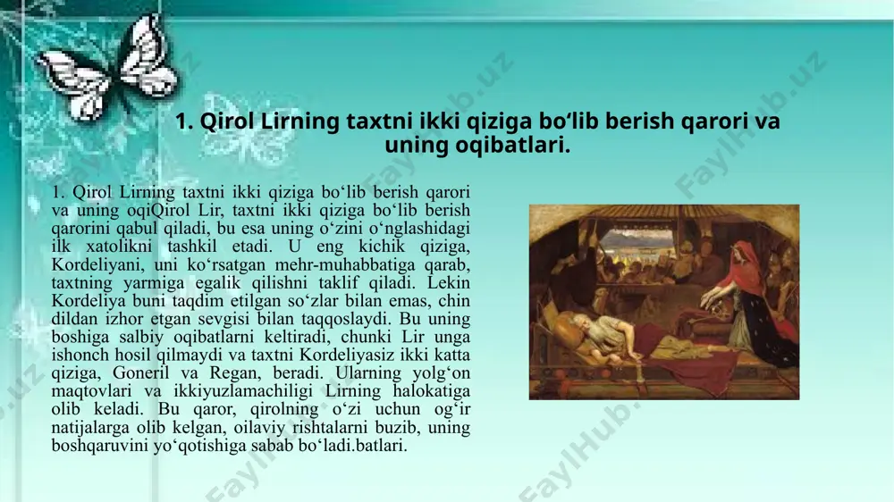 . lir o‘zining avvalgi qudratiga qaytishni istasa-da, unga ko‘rsatilgan muomala, yolg‘izlik va uning qirollikdagi o‘rnining yo‘qolishi uni yanada chuqurroq qayg‘u va qarorlar qabul qilishga majbur qiladi. o‘zining o‘tmishdagi xatolarini tushunib yetganida, u endi nafaqat qirollikni, balki o‘zining ichki dunyosini ham yo‘qotganini anglaydi. lir taxtni qizlariga bo‘lib bergach, o‘zining qudratini va hukmronligini yo‘qotadi, bu esa uni yolg‘iz qoldiradi. qirollikni boshqarishdagi kuchini yo‘qotgan lir, oilaviy rishtalarining buzilishi natijasida o‘zini chinakam qayg‘u va iztirobda topadi. goneril va regan, u bilan bo‘lgan munosabatlarida unga shafqatsizlik ko‘rsatib, uning hayotini yanada qiyinlashtiradilar. lirning qarorlaridan so‘ng o‘zini to‘liq izolyatsiya qilingan va cheksiz yolg‘iz sezadi. har bir o‘zi bilan bo‘lgan muloqot, qizlari tomonidan so‘nggi qarorlarga tayanib, uning ichki ruhiy holatini yanada murakkablashtiradi. u avvalgi o‘rni va hurmatni yo‘qotib, o‘zining qirollikdagi hokimiyatini va jamiyatdagi pozitsiyasini to‘liq yo‘qotadi. lir o‘zining ichki iztirobi va yolg‘izligi bilan kurashishga harakat qilsa ham, oxir-oqibat u bundan qocholmaydi, bu esa uni yanada chuqurroq inqirozga olib …