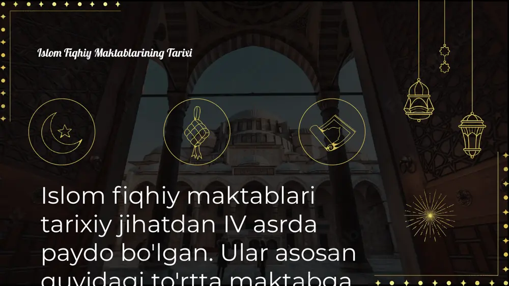 ayev, s. maktablar tarixi va rivojlanishi. toshkent, 2020. 2. islomiy fanlar akademiyasi. fiqhiy maktablar: tarixi va zamonaviy ahamiyati. toshkent, 2021. 3. yusupov, a. fiqhiy maktablar o'rtasidagi farqlar va o'xshashliklar. islom ilmiy jurnali, 2022. 4. rahimov, m. zamonaviy fiqhiy maktablarning ijtimoiy hayotdagi o'rni. o'zbekiston ta'limi, 2023. 5. siddiqov, k. fiqhiy maktablarning kelajakdagi istiqbollari. o'zbekiston musulmonlari idorasi, 2023. e'tiboringiz uchun rahmat! image1.png image2.png image3.png image4.png image5.png image6.png image7.png image8.png image9.png image14.png image15.png image16.png image17.png image18.png image10.png image11.png image12.png image13.png image26.png image19.png image20.png image25.png image28.png