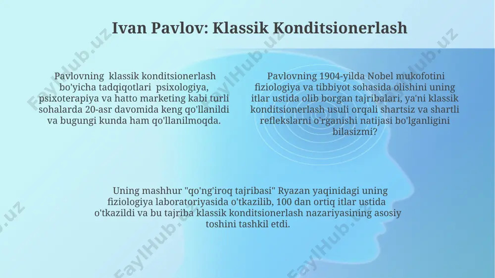 ga qadar o'sib boradi va bu model 1943-yilda amerika qo'shma shtatlarida nashr etilgan. maslowning o'zi shaxsiy rivojlanish va o'z-o'zini amalga oshirishga katta e'tibor qaratgan bo'lib, bu uning 1968-yilda kaliforniya shtatida vafot etganiga qaramay, ta'siri bugungi kungacha davom etmoqda. jean piaget: kognitiv rivojlanish bosqichlari унинг когнитив ривожланиш назарияси 20-аср психологиясига катта таъсир кўрсатиб, таълим ва тарбия соҳаларида 1950-йиллардан бошлаб кенг қўлланиладиган ёндашувларга асос солган. женевада туғилиб, ўз тадқиқотлари орқали 4 та асосий когнитив ривожланиш босқичини (сенсомотор, преоперационал, конкрет операциялар ва формал операциялар) аниқлаб, болаларнинг билиш жараёнларини чуқур ўрганган. пиаженинг назарияси 7 ёшдан 11 ёшгача бўлган болаларнинг конкрет операциялар босқичида объектларни тартиблаш ва санаш каби амалий операцияларни бажариши мумкинлигини таъкидлайди, бу швейцариядаги кузатувлари асосида ишлаб чиқилган. anna freud: bolalik psixologiyasi uning "men" himoya mexanizmlari haqidagi ishlari, xususan, 10 ga yaqin turdagi himoya mexanizmlarini ta'riflash orqali psixoterapiya va psixodiagnostikada keng qo'llaniladi. london shahrida yashab, o'zining keng miqyosdagi tadqiqotlari bilan jahon psixologiyasiga ulkan hissa …