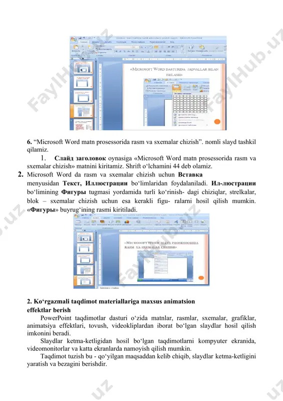 zimlar mavzusida ko‘rgazmali taqdimot materiallarini tayyorlang. operstion tizim tushunchasi, operatsion tizimlar turlari. windows operatsion tizimi. windows imkoniyatlari. topshiriq №4 “excel dasturining asosiy tushunchalari” mavzusida ko‘rgazmali taqdimot materiallarini tayyorlang. asosiy menyusi. uskunalar maj- muasi. formulalar qatori. kontekstli menyusi. menyu va uskunalar majmuasini sozlash (настройка). topshiriq №5 “excel dasturida ma’lumotlarni kiritish va formatlash” mavzusida ko‘rgazmali taqdimot materiallarini tayyorlang. ma’lumotlar turi. son. matn. sana. vaqt. yacheykani formatlash. yacheyka nomi. yacheykalar diapazoni. topshiriq №6 “excel dasturida formulalar bilan ishlash” mavzusida ko‘rgazmali taqdimot materiallarini tayyorlang. formulani kiritish. formulani nus- xalash. topshiriq №7 “excel dasturida matematik funksiyalari bilan ishlash” mavzusida ko‘rgazmali taqdimot materiallarini tayyorlang. matematik funksiyalar. topshiriq №8 excelda diagramma va grafiklar tuzish mavzusida ko‘rgazmali taq- dimot materiallarini tayyorlang. мастер диаграмм yordamida diag- ramma tuzish. diagramma tiplari. diagramma elementlari. funksi- yaning grafigini chizish. topshiriq №9 “excelning statistik va matnli funksiyalari bilan ishlash” mavzusida ko‘rgazmali taqdimot materiallarini tayyorlang. matnli funksiyalardan foydalanish. statistik funksiyalar. topshiriq №10 “wordda jadval …