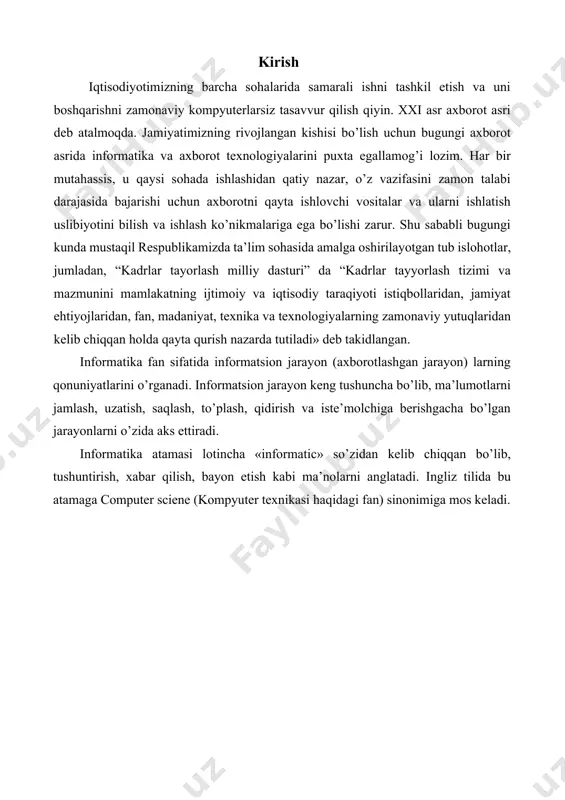 muhit oby’ektlari va xodisalari, ularning o’lchamlari, xususiyatlari va holatlari to’g’risidagi ma’lumotlar tushuniladi. axborot so’zi lotincha «informasiya» so’ziga mos kelib, tushuntirish, tavsiflash degan ma’nolarni bildiradi. axborot bu - biz barcha sezgi a’zolarimiz orqali qabul qila oladigan ma’lumotlar to’plamidir. axborot atrofimizdagi har xil voqea xodisalar haqidagi ma’lumotlar yig’indisidir. shuning uchun axborotni kitoblarda, jurnallarda, yozuvimizda, o’zaro muloqotimizda, radio va televideniyelar kabilarda uchratish mumkin. u quyidagi uchta muhim sifatga ega bo’lishi lozim: 1. axborot o’rganilayotgan narsa yoki hodisani har taraflama to’liq ifodalashi lozim, ya’ni axborot to’liqlik sifatiga ega bo’lishi lozim. 2. axborot ma’lum ma’noda qiymatli bo’lishi lozim, aks holda undan foydalanish ehtiyoji tug’ilmaydi. 3. axborot ishonchli bo’lishi lozim, aks holda uni qayta ishlashga zarurat tug’ilmaydi. informatika va axborot texnologiyalari fanida bundan tashqari algoritm, dastur, kompyuter, texnologiya, axborotlashgan jamiyat va boshqa tushunchalar ham mavjud. bu tushunchalar mazmuni quyidagi mulohazalarda keltirilgan: biror masalani kompyuterda xal qilish kerak bo’lsa, masalani dastlab yechish ketma-ketligini so’z yoki grafik shaklda …