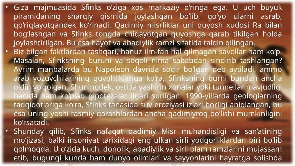 tadi. islomiy me’morchilik namunasi sifatida al-hamraning qadri beqiyos. u sharqona naqsh va g‘arbona arxitekturaning o‘ziga xos uyg‘unlashuvi, simmetriya va muvozanatning mukammal namunasi sanaladi. har bir bezak, har bir yozuv islom san’atidagi “arabesk” uslubining eng oliy darajadagi ifodasidir. al-hamra saroyi islomiy estetikada “jannat bog‘i” tasvirini ramziy jihatdan jonlantiradi – hovlilari, suv oqimlari va gullar bilan to‘la bog‘lari orqali insonni ruhiy sokinlik va go‘zallikka chorlaydi. shunday qilib, al-hamra saroyi va uning muzeyga aylantirilishi insoniyat tarixida o‘chmas iz qoldirgan. u nafaqat islomiy madaniyatning durdona obidasi, balki sharq va g‘arb madaniyatlarini birlashtiruvchi ramz sifatida bugun ham millionlab sayyohlarni o‘ziga jalb etmoqda. qohira shahrining markazida joylashgan misr muzeyi (egyptian museum) qadimiy dunyoning eng buyuk sirlarini o‘zida saqlagan ulkan xazina hisoblanadi. u 1902-yilda fransuz misrshunosi ogüst mariet va keyinchalik mashhur arxeolog gastone maspero tashabbusi bilan barpo etilgan bo‘lib, butun dunyoda qadimgi misr madaniyatini o‘rganishning asosiy markazi sifatida tanilgan. muzey neoklassik uslubda qurilgan bo‘lib, ikki qavatli ulkan …