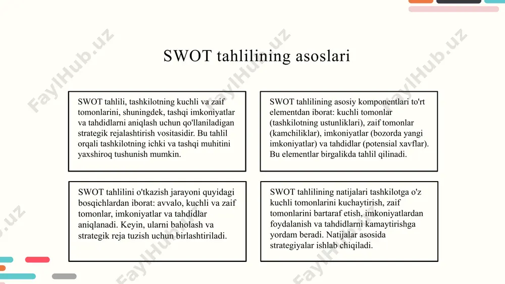 hdidlarni aniqlashga yordam beradi. swot tahlilidan foydalanish jarayoni: 1. ma'lumotlar to'plash; 2. tahlil natijalariga asoslangan strategik qarorlar qabul qilish; 3. reja ishlab chiqish va harakatlarni kuzatish. bu jarayon tashkilotning raqobatbardoshligini oshirishga yordam beradi. photo by mohammad rahmani on unsplash qiymat zanjiri tushunchasi qiymat zanjiri - bu bir mahsulot yoki xizmatni yaratish jarayonida ishtirok etuvchi barcha faoliyatlar to'plami. qiymat zanjirining asosiy elementlari: - xom ashyo ta'minoti: materiallar va resurslar qanday ta'minlanadi. - ishlab chiqarish jarayoni: mahsulotni ishlab chiqarish uchun zarur bo'lgan jarayonlar. - marketing va sotish: mahsulotni bozorga chiqarish va sotish strategiyalari. - mijozlarga xizmat ko'rsatish: mahsulotdan keyingi xizmatlar va mijozlar bilan ishlash. qiymat zanjiri samaradorligi raqobatbardoshlik va foydalilikka ta'sir ko'rsatadi. samarali qiymat zanjiri tashkilotning bozor o'rnini mustahkamlashga yordam beradi. * qiymat zanjirining bosqichlari qiymat zanjiri quyidagi asosiy bosqichlardan iborat: 1. xom ashyo ta'minoti: bu bosqichda sifatli xom ashyo ta'minoti muhim. masalan, mahsulotni ishlab chiqarish uchun kerakli materiallar sifatining yuqori bo'lishi …