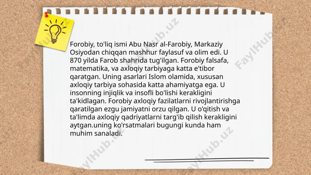 tarbiyani inson kamoloti uchun muhim deb hisoblashgan. ibn sino tarbiyada aqliy rivojlanishni, boshlang‘ich ta’limni ham atroflicha yoritib, bolalarning tabiatga uyg‘un taraqqiy etishini uqtirgan. al-farobiy esa falsafiy qarashlar orqali tarbiya va ta’limning jamiyat taraqqiyotidagi rolini o‘rgangan. ularning qarashlarida tarbiya jarayoni axloqiy qadriyatlarni shakllantirishda muhim omil sifatida qaraladi. ... t.me/slaydai_bot 13. forobiyning pedagogik asarlari va ularning ta'siri forobiyning pedagogik asarlari o‘rta asr musulmon sharq mafkurasi rivojiga katta ta’sir ko‘rsatdi. uning “aqlli shahar” asari ta’lim, ilmiy izlanishlar va ijtimoiy hamkorlik muhimligini ta’kidlaydi. forobiy "fozil odamlar shahrining nazariyasi"da inson kamoloti va ma’rifat amaliyotini tasvirlaydi. unga ko‘ra, bilim va tarbiya jamiyat taraqqiyoti uchun zarur. forobiy dunyoviy va diniy bilimlarni birlashtirib, ta’limni insonni yetuklashtirish vositasi deb hisoblagan. uning ta’limiy qarashlari o‘z davrida ijtimoiy va madaniy sohalarda yangiliklarni boshlab berdi. ... t.me/slaydai_bot mahmud qoshg‘ariy xi asrda yashagan turkiy tilshunos, tarixchi va geograf. uning asosiy yozma merosi “devonu lug‘otit-turk” asari bo‘lib, bu kitobda turkiy qabilalarning tili, tarixi, geografiyasi …