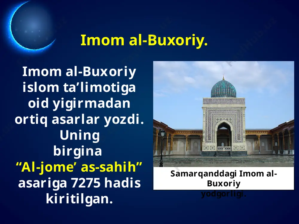 a ko‘p yetuk fiqhshunos olimlar, qozilar, imomlar yetishib chiqadi. shu boisdan buxoro ix asrdan boshlab “qubbat ul-islom” – “islom dinining gumbazi” nomi bilan shuhrat topadi. tasavvuf. turkistonda xii asrda yassaviya, xii asr oxirida xorazmda kubroviya, xiv asrda buxoroda naqshbandiya va boshqa tariqatlar vujudga keladi. movarounnahrda keng yoyilgan tasavvuf – yassaviya tariqati bo‘lib, unga ahmad yassaviy asos soladi. tariqatning asoslari yassaviyning mashhur “hikmat” asarida bayon etiladi. tasavvuf ta’limotining buyuk siymolaridan yana biri najmiddin kubro (1145–1221) edi. u xorazmda “kubroviya” tariqatiga asos soladi. tasavvuf xiv asrda naqshbandiya tariqatida yanada rivoj topadi. unga bahouddin naqshband asos soladi. xoja bahouddin “hayotnoma” va “dalil al-oshiqin” nomli asarlar yozib, o‘z tariqatini yaratadi. naqshbandiya tariqati movarounnahr, xuroson va xorazmda keng tarqaladi. bahouddin naqshband savol va topshiriqlar: 1. movarounnahrlik muhaddis ulamolardan kimlarni bilasiz? 2. al-moturidiy qanday asarlar yozgan? 3. ma’naviy hayotda islom dinining ahamiyati nimada deb o‘ylaysiz? 4. tasavvuf qanday ta’limot? 5. yassaviya tariqati asosida qanday qarash ustunlik …