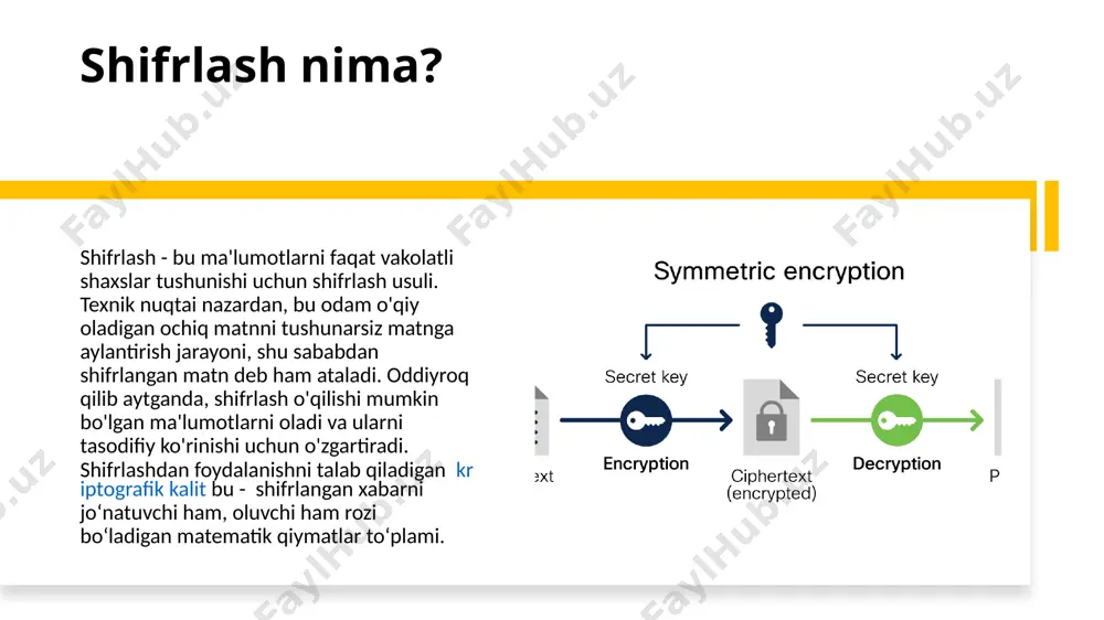 symmetrik shifrlashlarga bo’linadi. simmetrik shifrlash simmetrik shifrlash - bu shifrlashning bir turi bo'lib, ma'lumotlarni shifrlash va shifrini ochish uchun bir xil kalit ishlatiladi. bu usul oddiy va tez, lekin bir salbiy tomoni bor: jo‘natuvchi ham, qabul qiluvchi ham kalitni bilishi va xavfsiz tarzda almashishi kerak. simmetrik shifrlashning mashhur algoritmlari orasida aes (advanced encryption standard) va des (data encryption standard) mavjud. nosimmetrik shifrlash ko'pincha unumdorlik va tezlik muhim bo'lgan stsenariylarda, masalan, katta hajmdagi ma'lumotlarni shifrlashda qo'llaniladi. asimmetrik shifrlash asimmetrik shifrlash bu shifrni hal qilish uchun ikki xil kalitdan foydalanadi: ochiq kalit va shaxsiy kalit. ochiq kalit shifrlangan xabarlarni jo'natmoqchi bo'lgan har bir kishi bilan baham ko'riladi, shaxsiy kalit esa qabul qiluvchi tomonidan maxfiy saqlanadi. ochiq kalit bilan shifrlangan ma'lumotlarning shifrini faqat shaxsiy kalit ochishi mumkin. rsa (rivest-shamir-adleman) eng keng tarqalgan assimetrik shifrlash algoritmlaridan biridir. bu usul kengaytirilgan xavfsizlikni ta'minlaydi, lekin simmetrik shifrlashdan sekinroq. nima uchun shifrlash muhim? maxfiylik:shifrlash mo'ljallangan qabul qiluvchi …